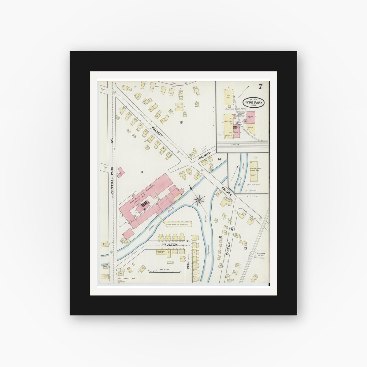 Old map wall art mockup — black gallery frame with white mat — Sanborn Fire Insurance Map from Hyde Park, Norfolk County, Massachusetts (1891), Sheet #0007