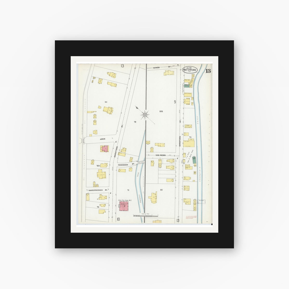 Old map wall art mockup — black gallery frame with white mat — Sanborn Fire Insurance Map from Waterford, Saratoga County, New York (1902), Sheet #0013
