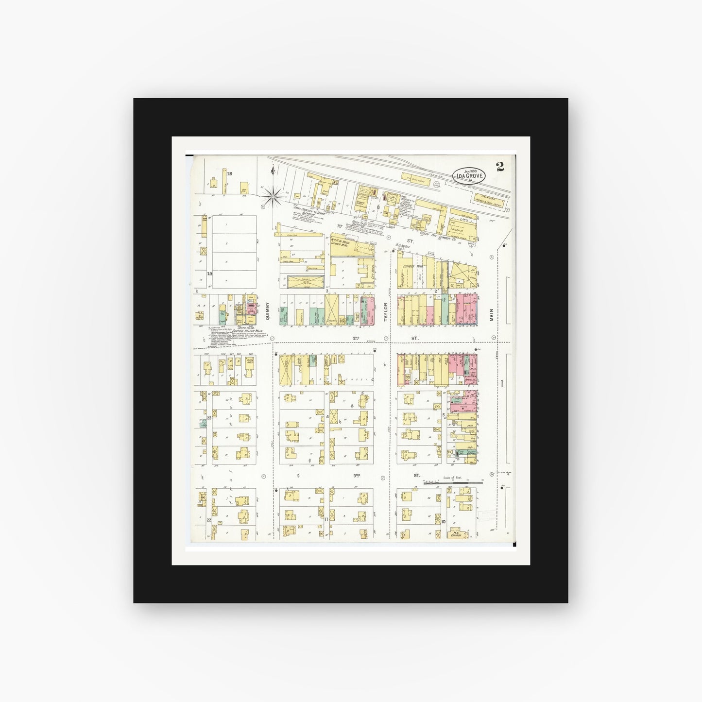 Old map wall art mockup — black gallery frame with white mat — Sanborn Fire Insurance Map from Ida Grove, Ida County, Iowa (1899), Sheet #0002
