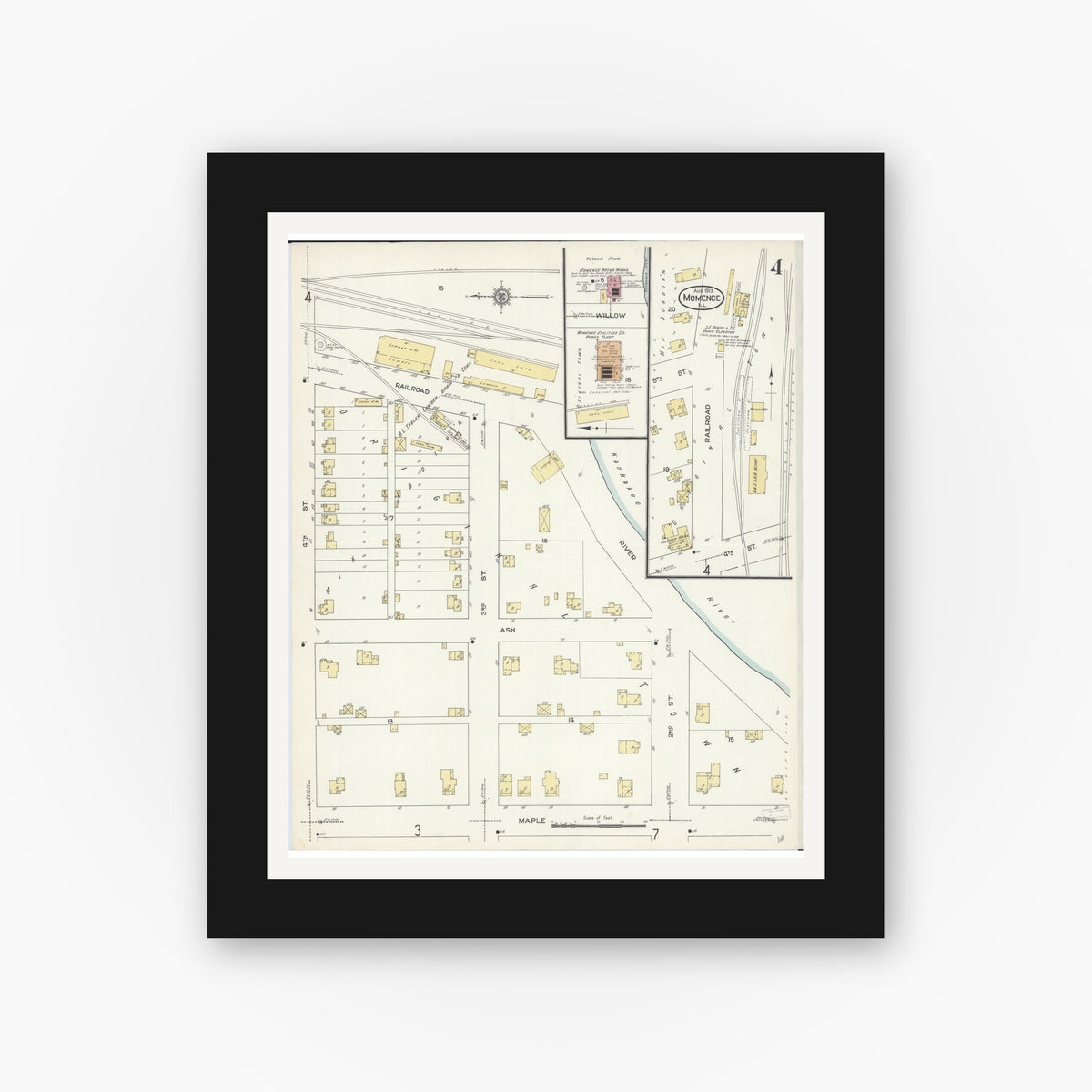 Old map wall art mockup — black gallery frame with white mat — Sanborn Fire Insurance Map from Momence, Kankakee County, Illinois (1913), Sheet #0004