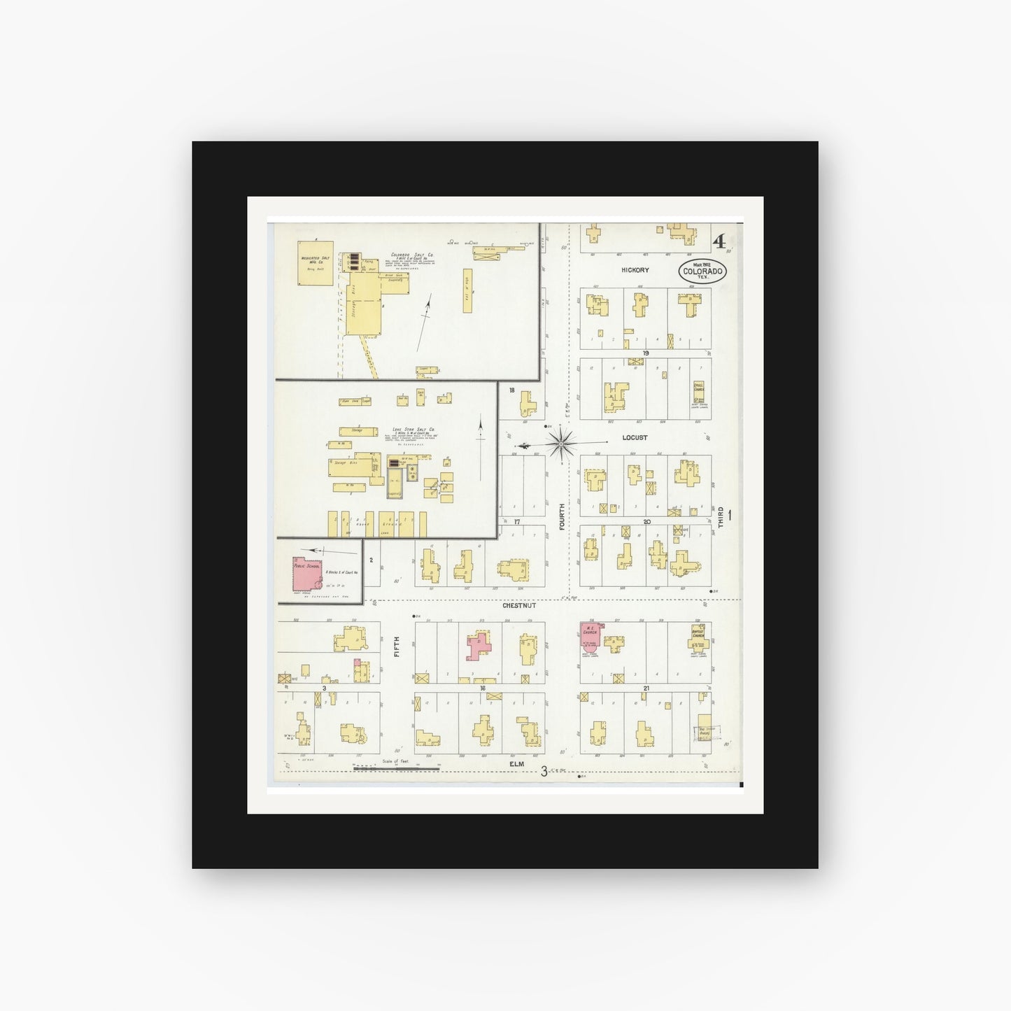 Old map wall art mockup — black gallery frame with white mat — Sanborn Fire Insurance Map from Colorado, Mitchell County, Texas (1902), Sheet #0004