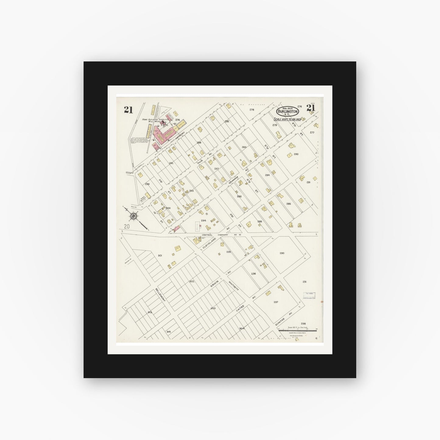 Old map wall art mockup — black gallery frame with white mat — Sanborn Fire Insurance Map from Burlington, Alamance County, North Carolina (1924), Sheet #0021