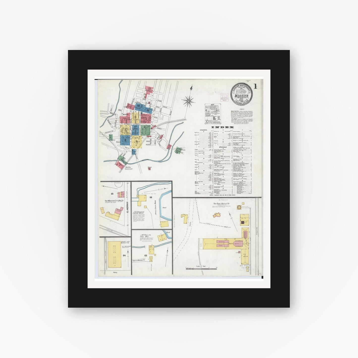 Old map wall art mockup — black gallery frame with white mat — Sanborn Fire Insurance Map from Wooster, Wayne County, Ohio (1905), Sheet #0001