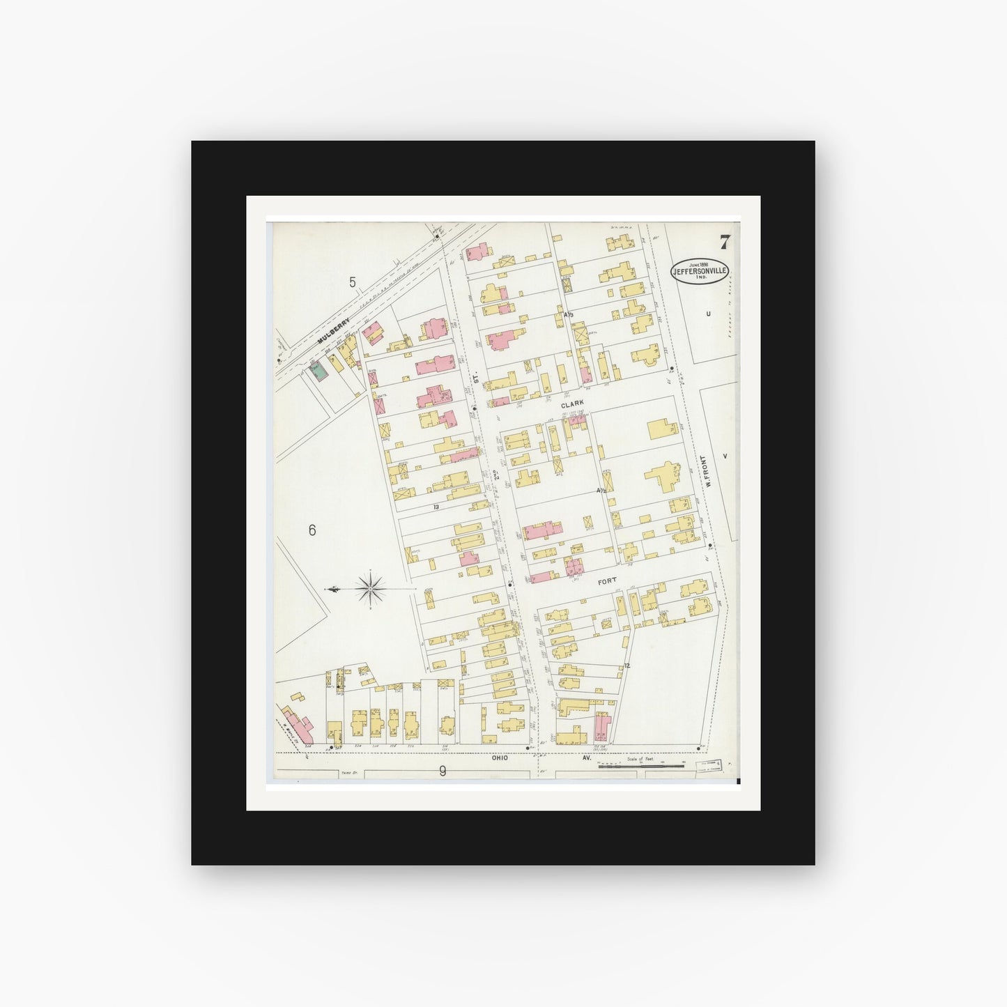 Old map wall art mockup — black gallery frame with white mat — Sanborn Fire Insurance Map from Jeffersonville, Clark County, Indiana (1898), Sheet #0007