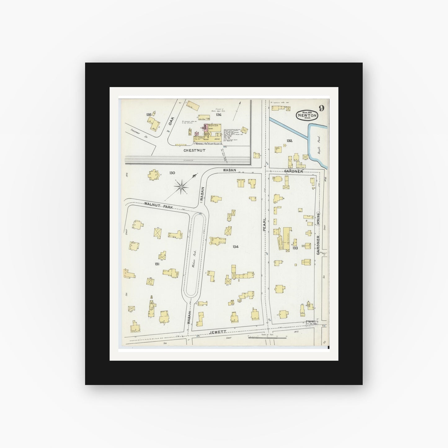 Old map wall art mockup — black gallery frame with white mat — Sanborn Fire Insurance Map from Newton, Middlesex County, Massachusetts (1892), Sheet #0009