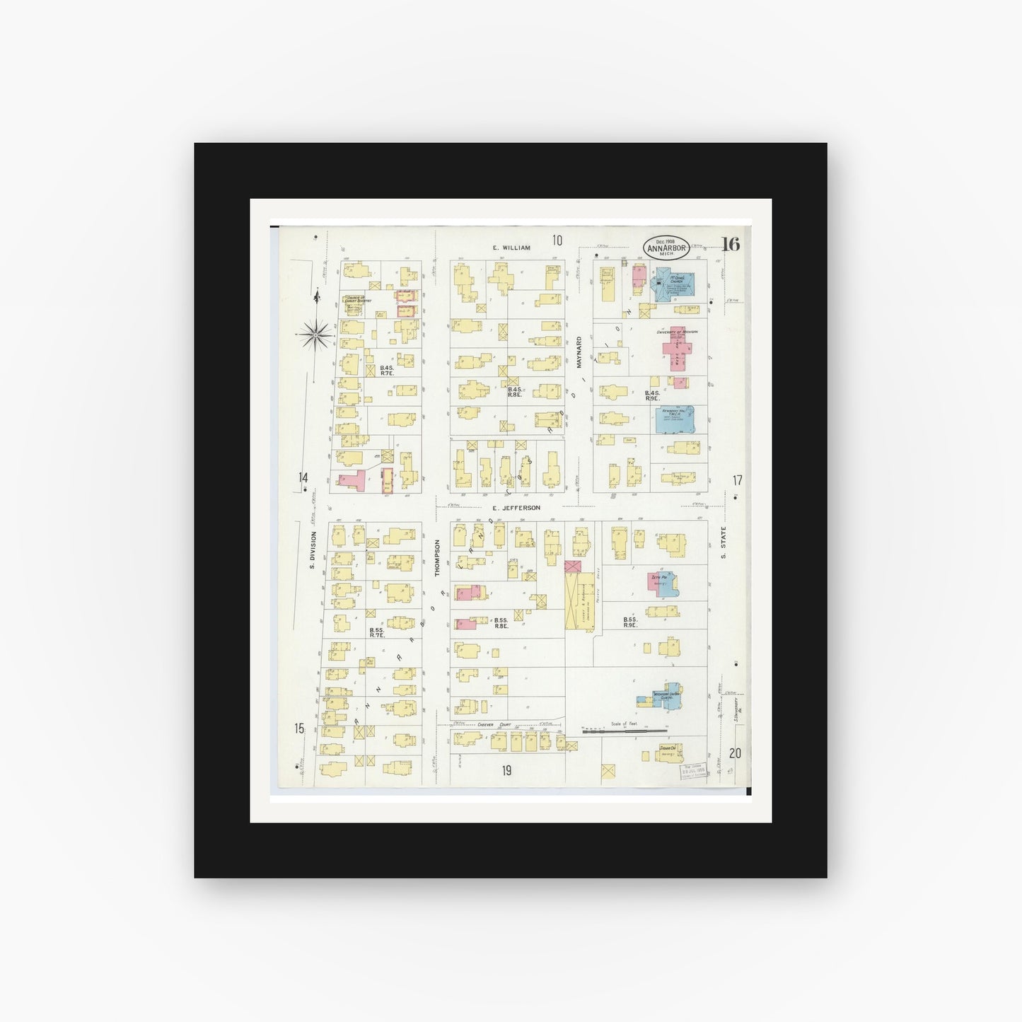 Old map wall art mockup — black gallery frame with white mat — Sanborn Fire Insurance Map from Ann Arbor, Washtenaw County, Michigan (1908), Sheet #0016