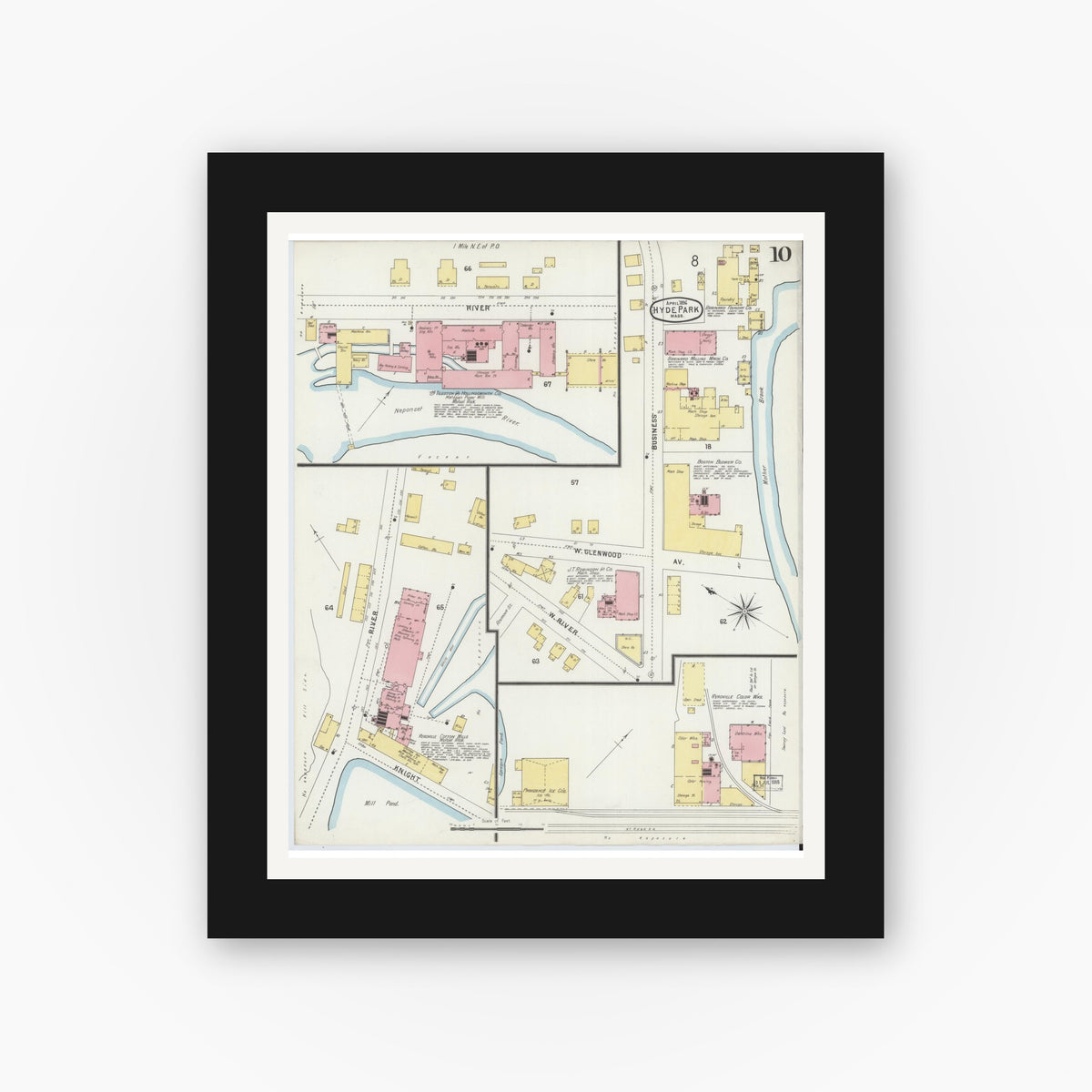 Old map wall art mockup — black gallery frame with white mat — Sanborn Fire Insurance Map from Hyde Park, Norfolk County, Massachusetts (1896), Sheet #0010