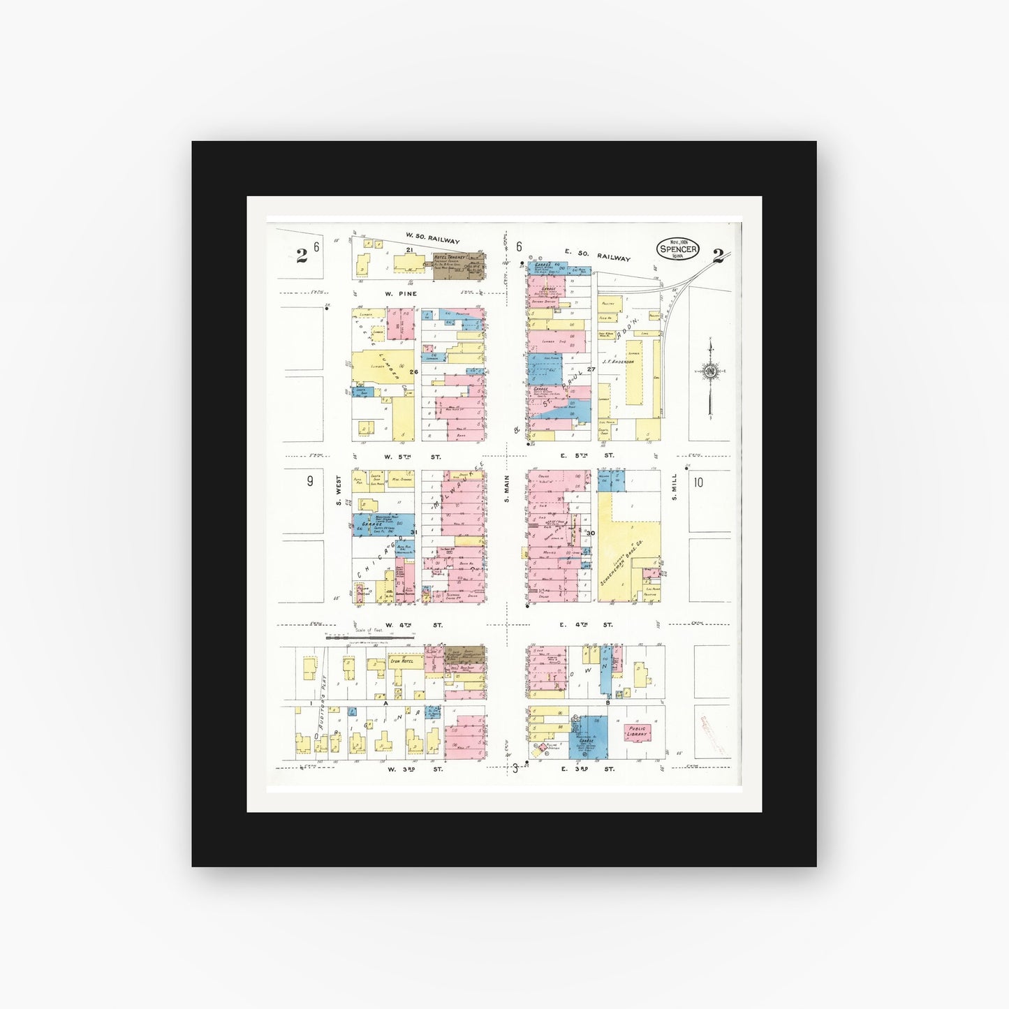 Old map wall art mockup β black gallery frame with white mat β Sanborn Fire Insurance Map from Spencer, Clay County, Iowa (1924), Sheet #0002