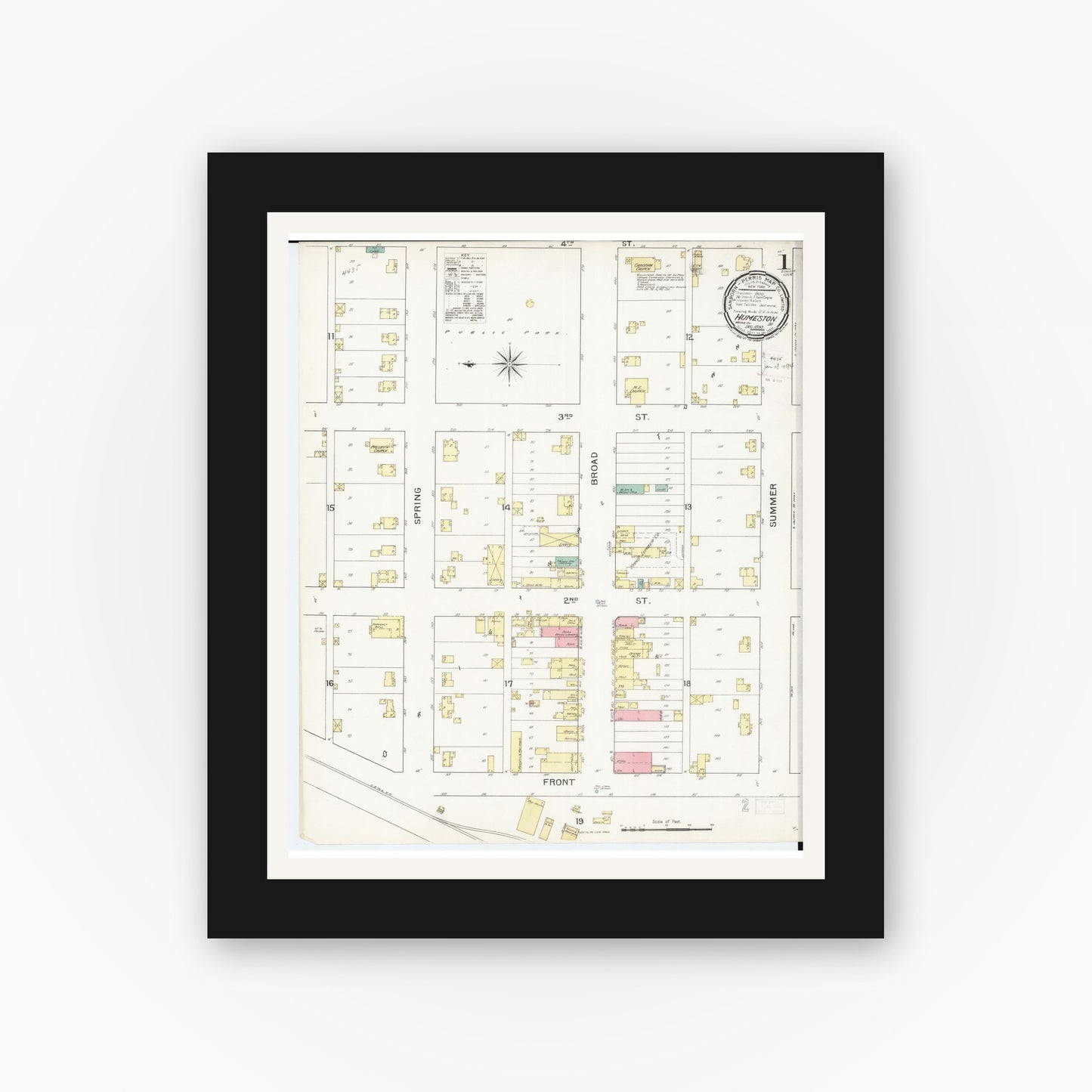 Old map wall art mockup — black gallery frame with white mat — Sanborn Fire Insurance Map from Humeston, Wayne County, Iowa (1893), Sheet #0001