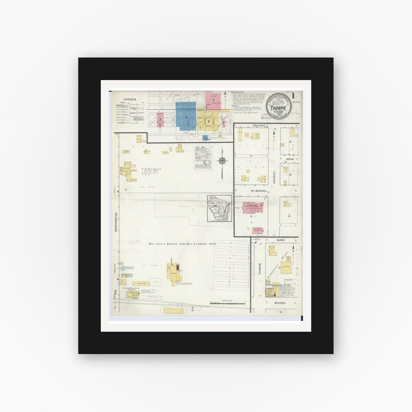 Old map wall art mockup β black gallery frame with white mat β Sanborn Fire Insurance Map from Thorpe, Clark County, Wisconsin (1916) - Complete Map Set