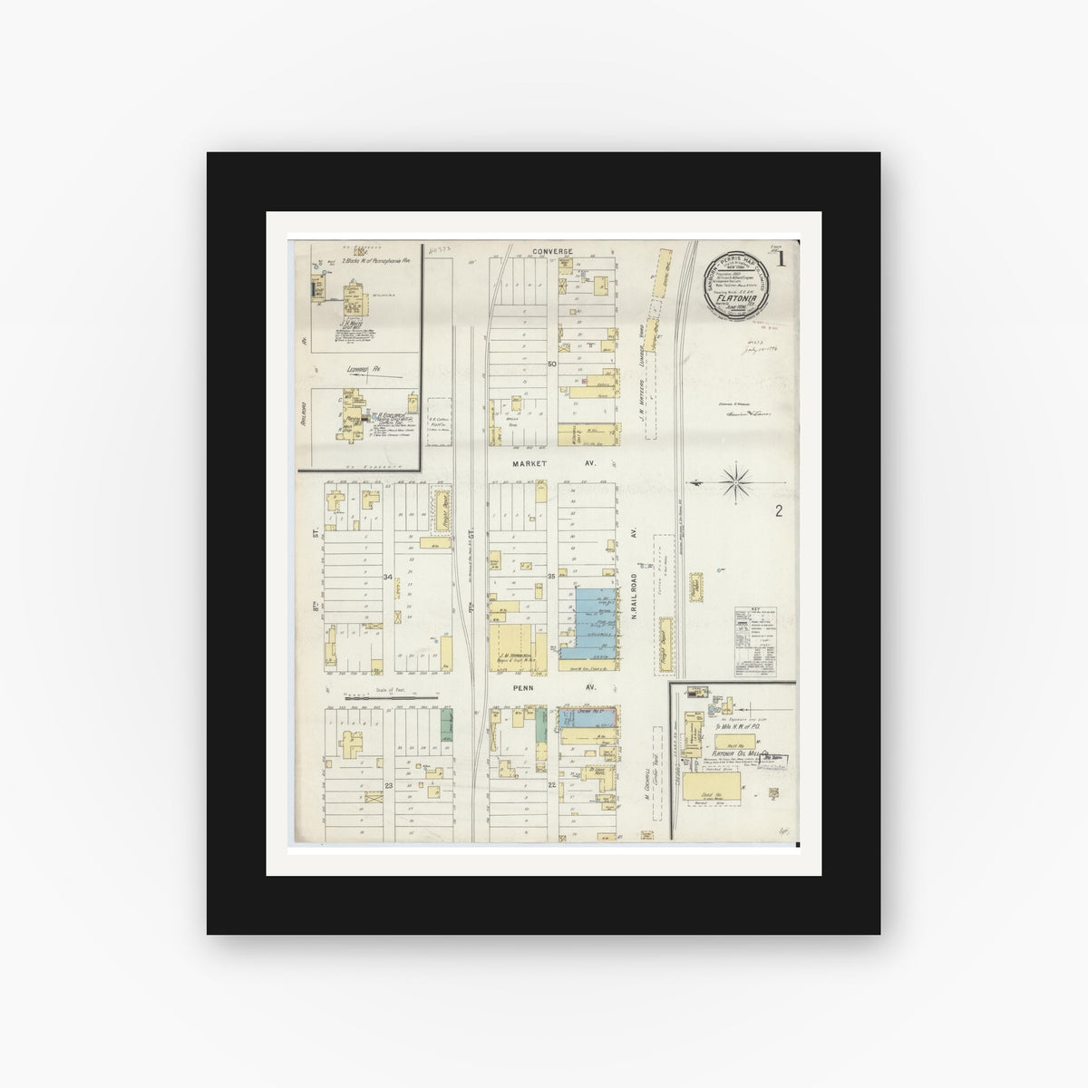 Old map wall art mockup — black gallery frame with white mat — Sanborn Fire Insurance Map from Flatonia, Fayette County, Texas (1896) - Complete Map Set