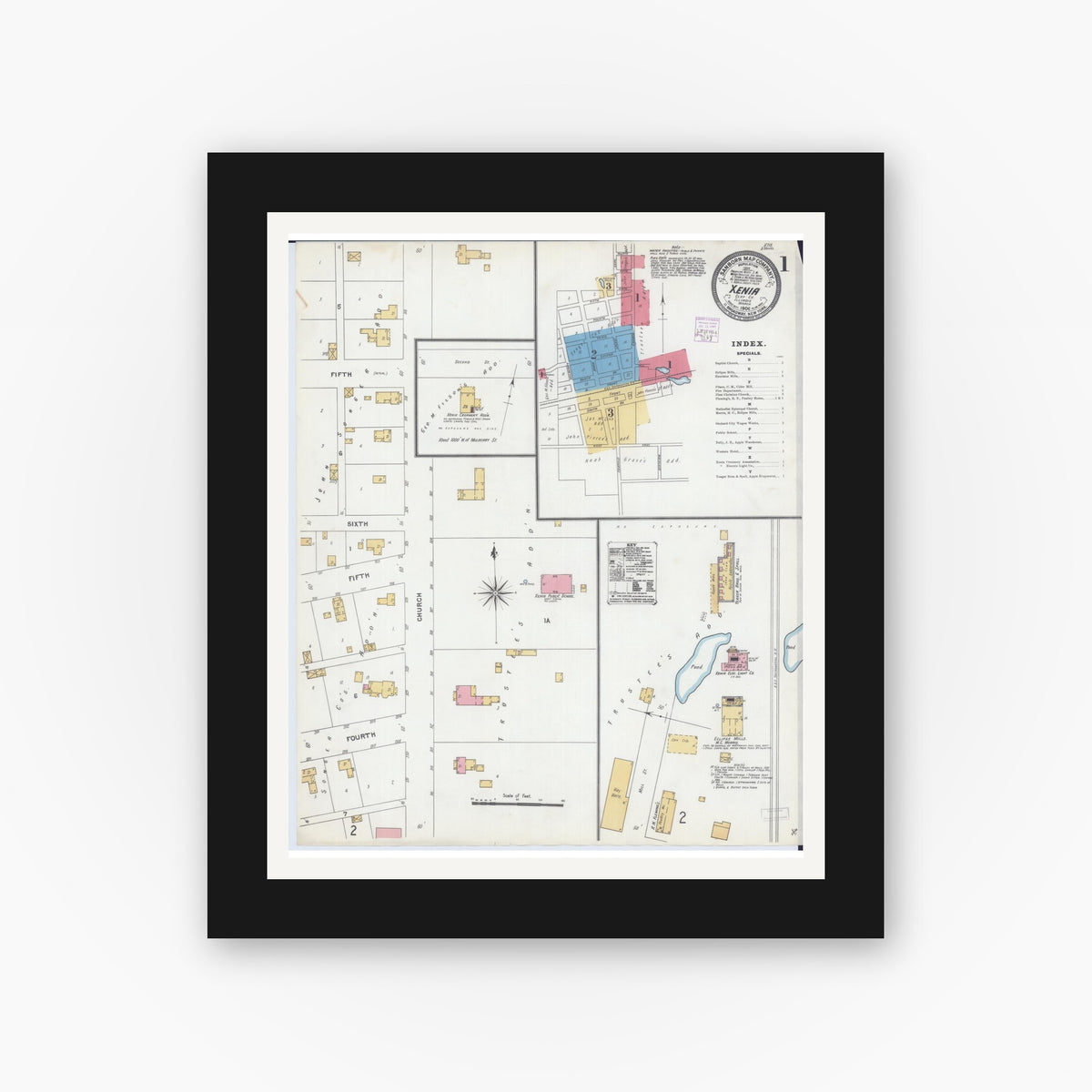 Old map wall art mockup — black gallery frame with white mat — Sanborn Fire Insurance Map from Xenia, Clay County, Illinois (1906), Sheet #0001