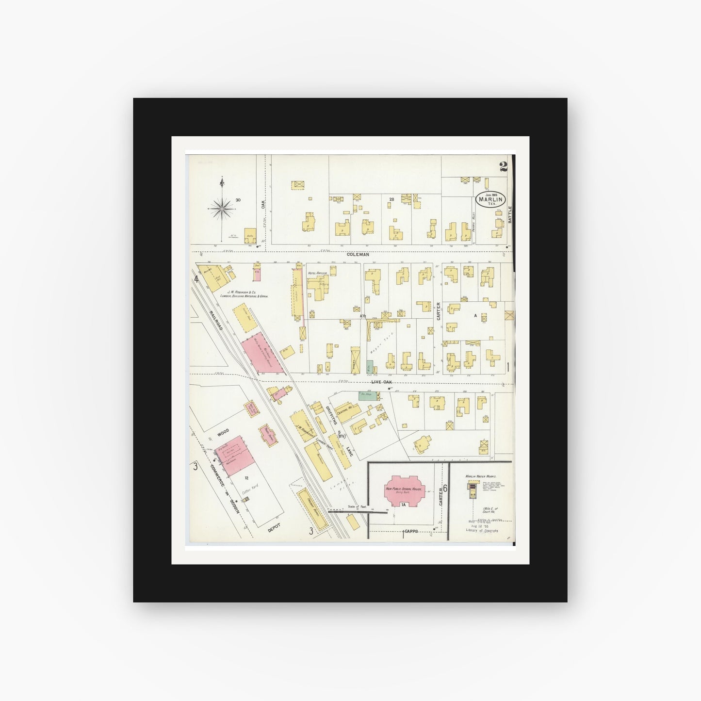 Old map wall art mockup — black gallery frame with white mat — Sanborn Fire Insurance Map from Marlin, Falls County, Texas (1903), Sheet #0002