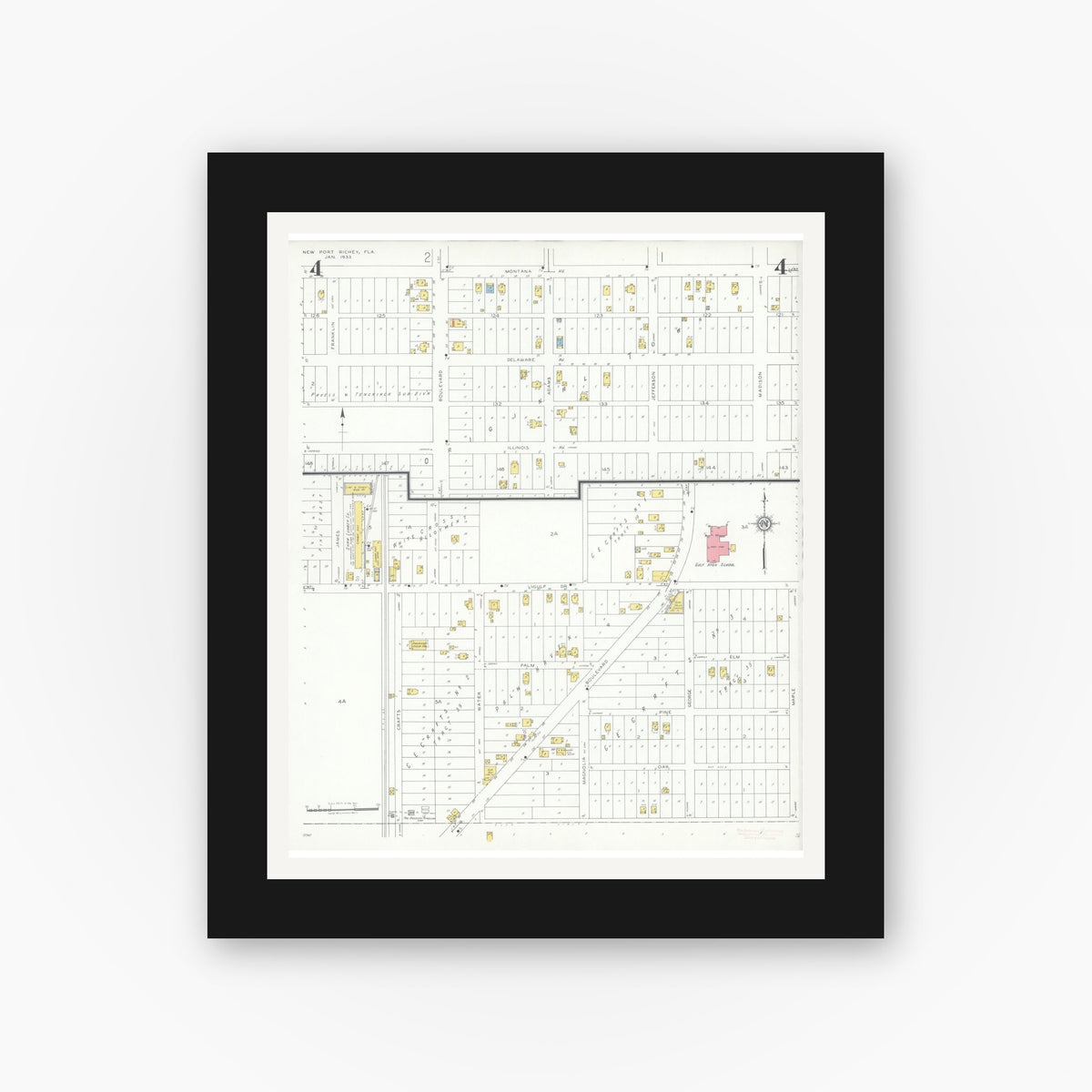 Old map wall art mockup — black gallery frame with white mat — Sanborn Fire Insurance Map from New Port Richey, Pasco County, Florida (1933), Sheet #0004
