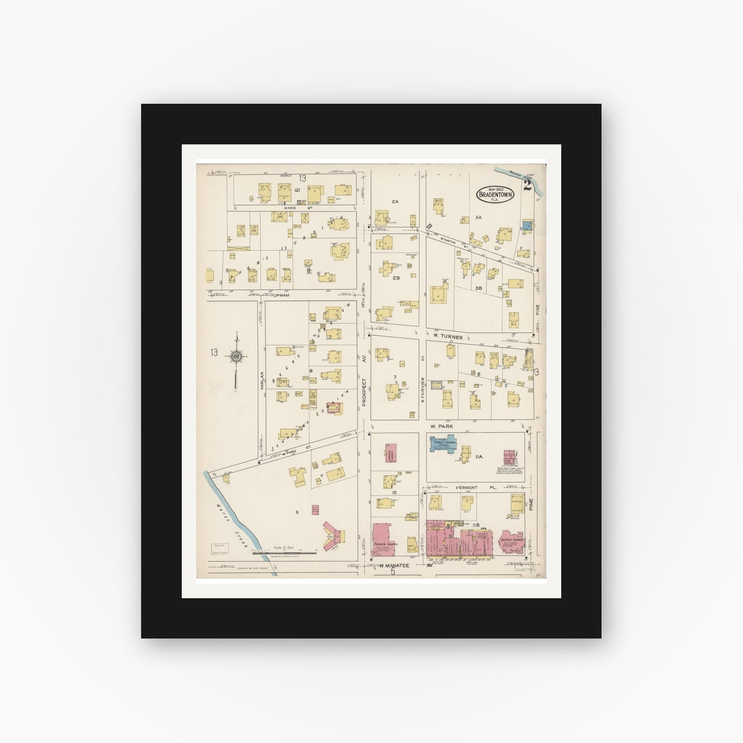 Old map wall art mockup — black gallery frame with white mat — Sanborn Fire Insurance Map from Bradentown, Manatee County, Florida (1922), Sheet #0002