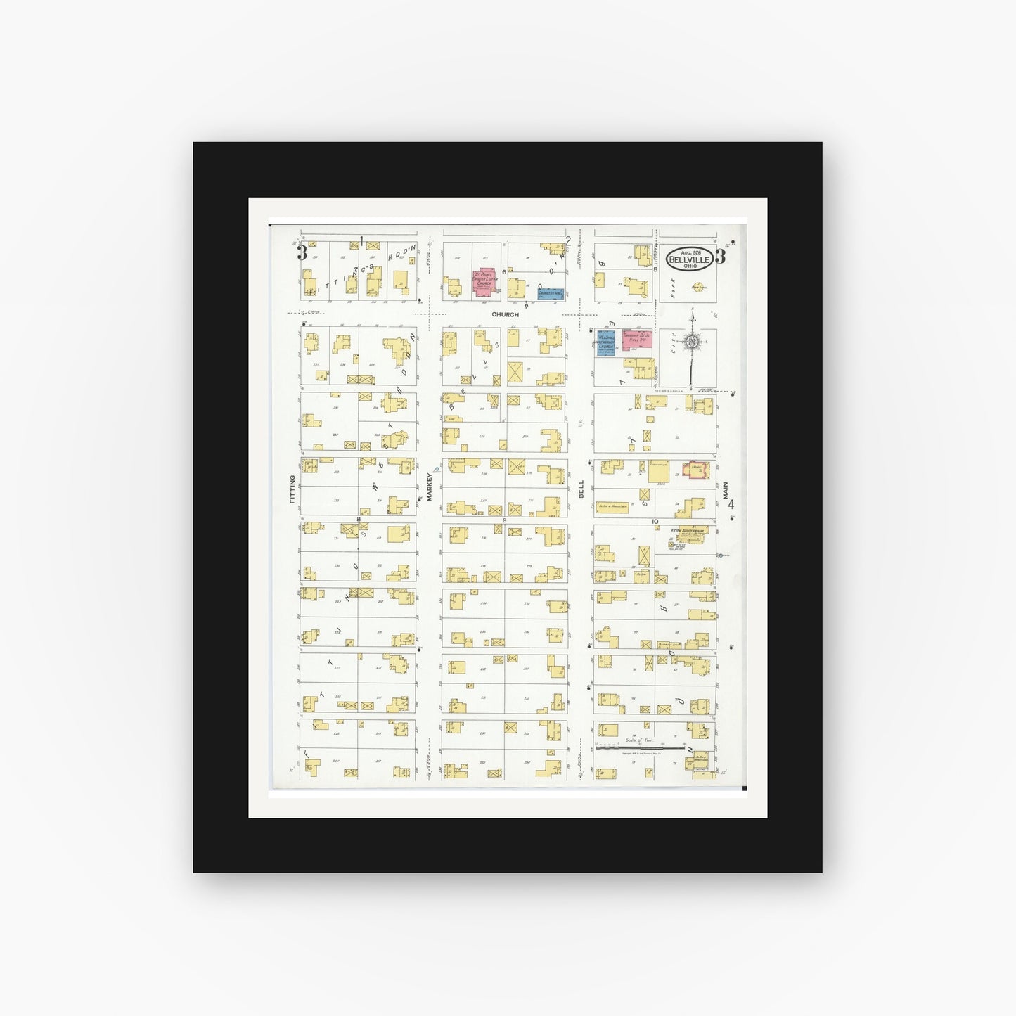 Old map wall art mockup — black gallery frame with white mat — Sanborn Fire Insurance Map from Bellville, Richland County, Ohio (1926), Sheet #0003
