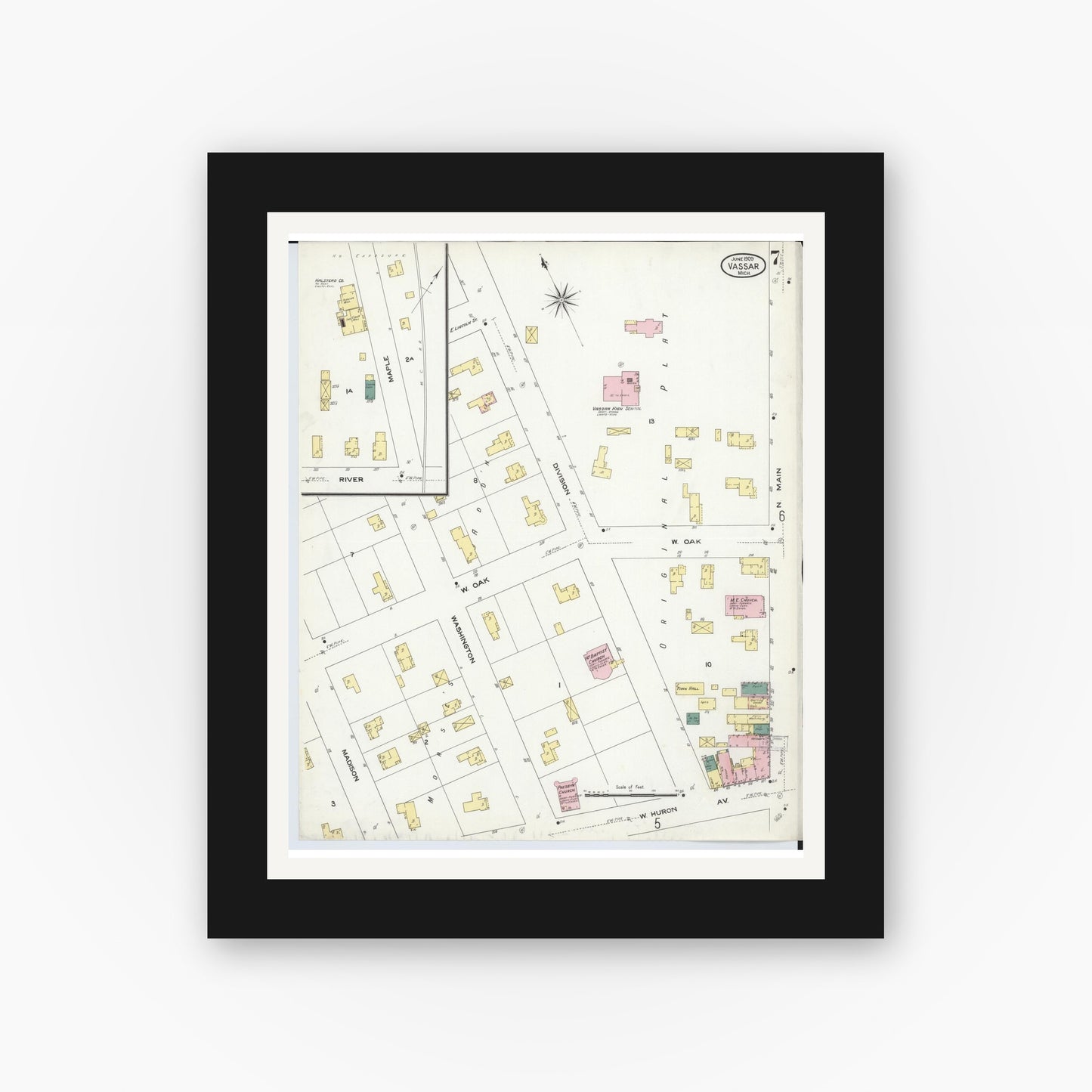 Old map wall art mockup — black gallery frame with white mat — Sanborn Fire Insurance Map from Vassar, Tuscola County, Michigan (1909), Sheet #0007