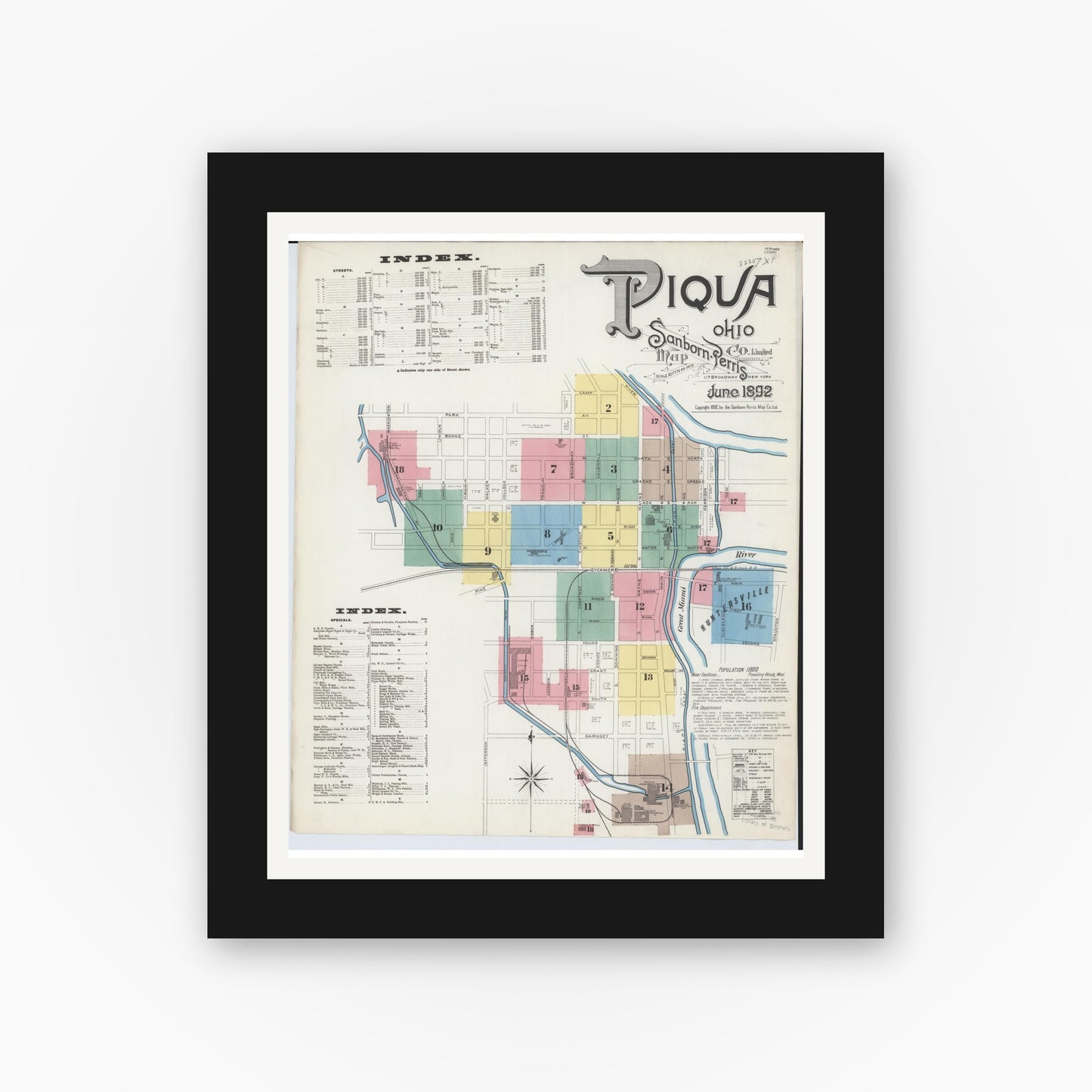 Old map wall art mockup — black gallery frame with white mat — Sanborn Fire Insurance Map from Piqua, Miami County, Ohio (1892) - Complete Map Set