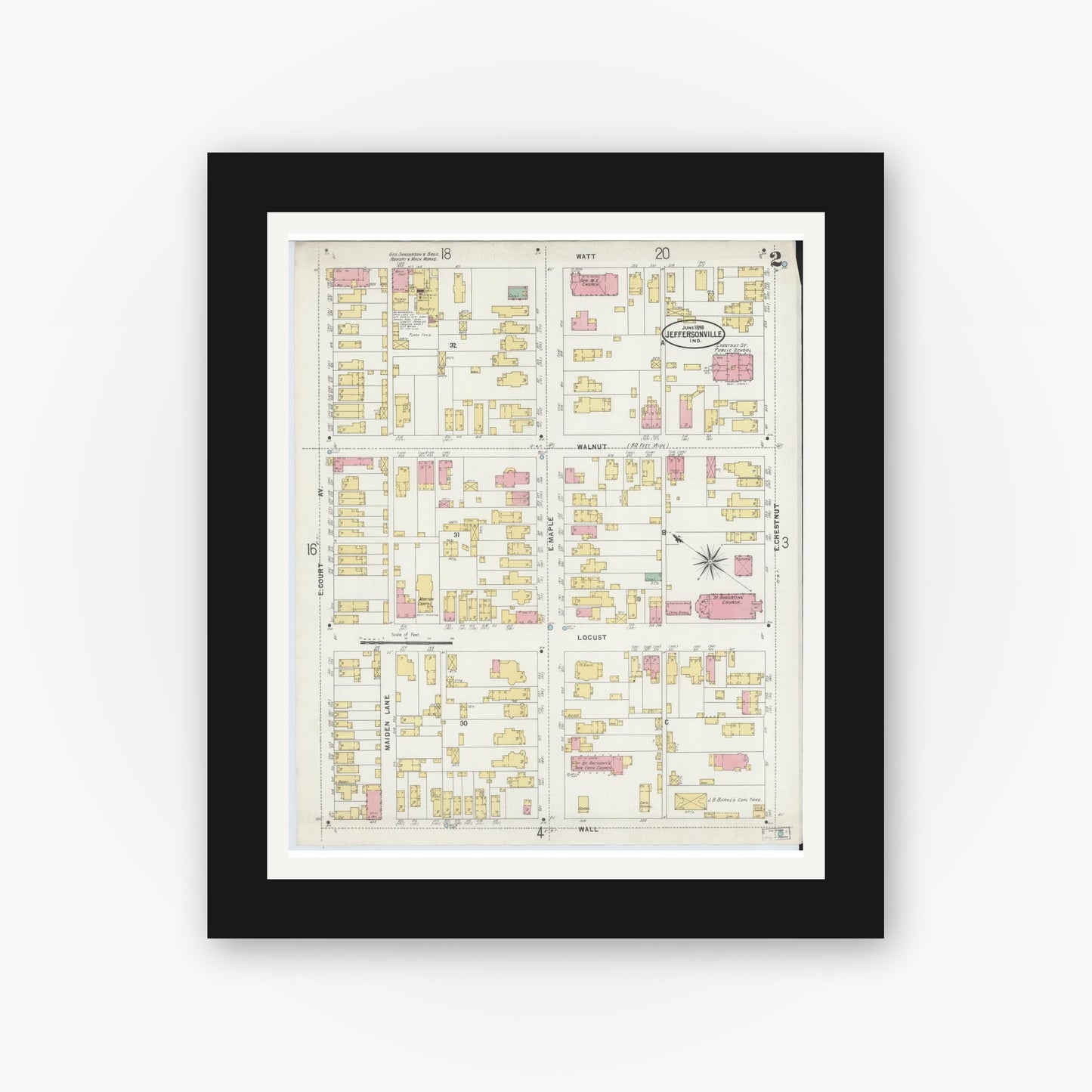 Old map wall art mockup — black gallery frame with white mat — Sanborn Fire Insurance Map from Jeffersonville, Clark County, Indiana (1898), Sheet #0002