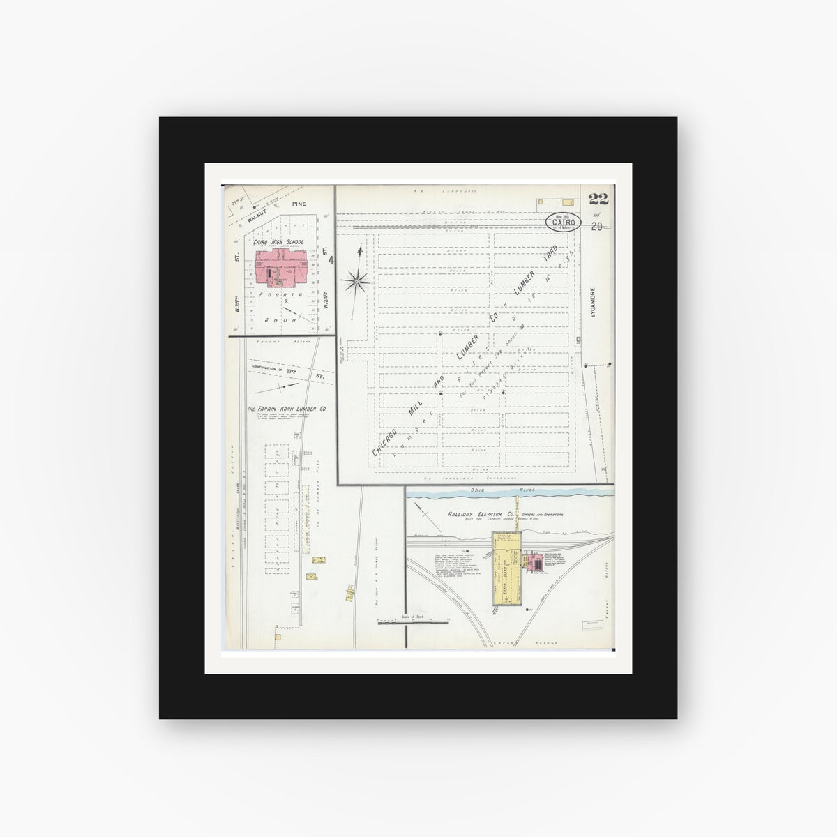 Old map wall art mockup — black gallery frame with white mat — Sanborn Fire Insurance Map from Cairo, Alexander County, Illinois (1901), Sheet #0022