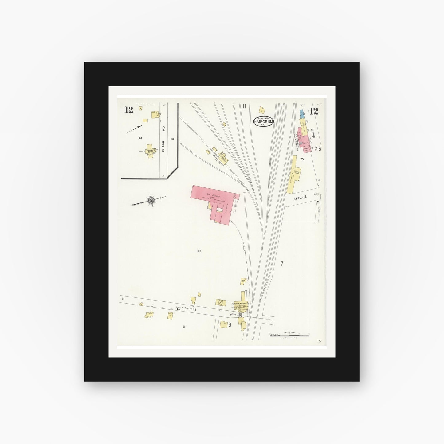 Old map wall art mockup — black gallery frame with white mat — Sanborn Fire Insurance Map from Emporium, Cameron County, Pennsylvania (1925), Sheet #0012