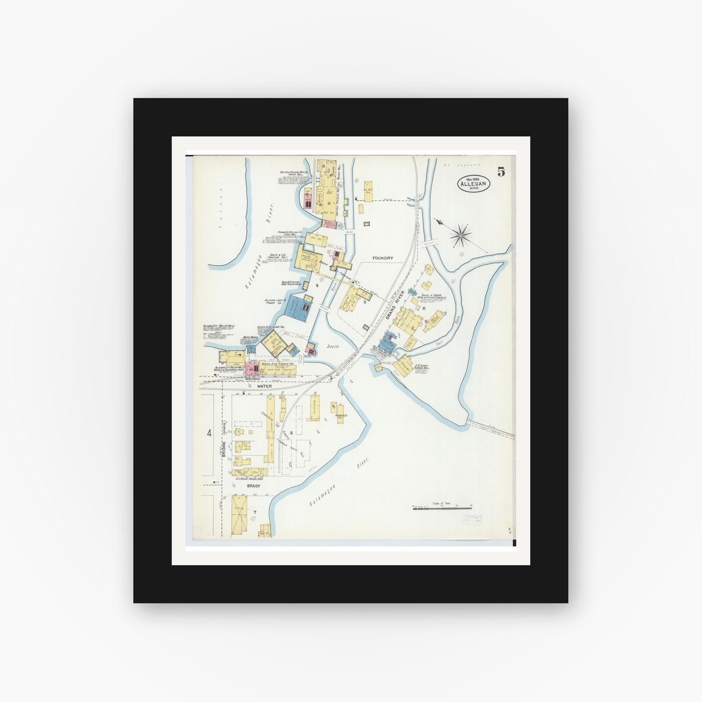Old map wall art mockup — black gallery frame with white mat — Sanborn Fire Insurance Map from Allegan, Allegan County, Michigan (1906), Sheet #0005