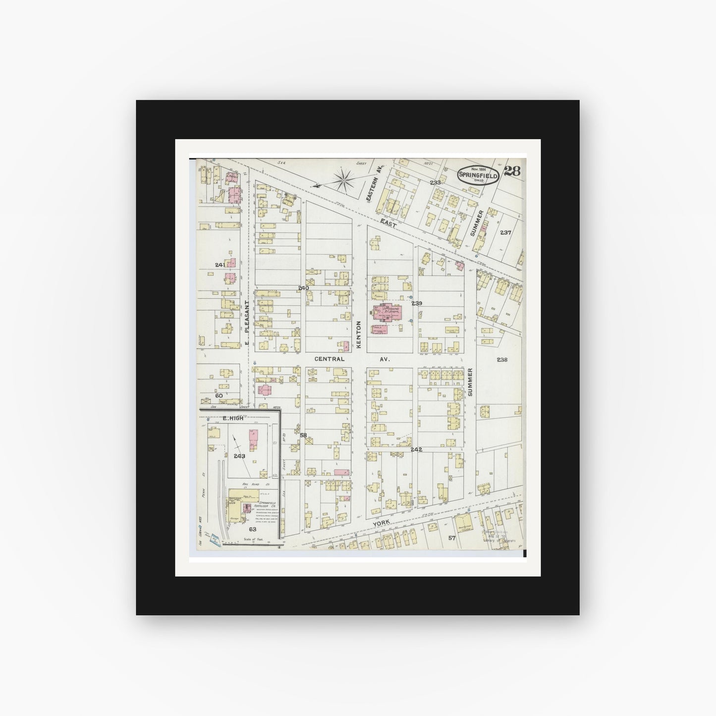 Old map wall art mockup — black gallery frame with white mat — Sanborn Fire Insurance Map from Springfield, Clark County, Ohio (1891), Sheet #0028