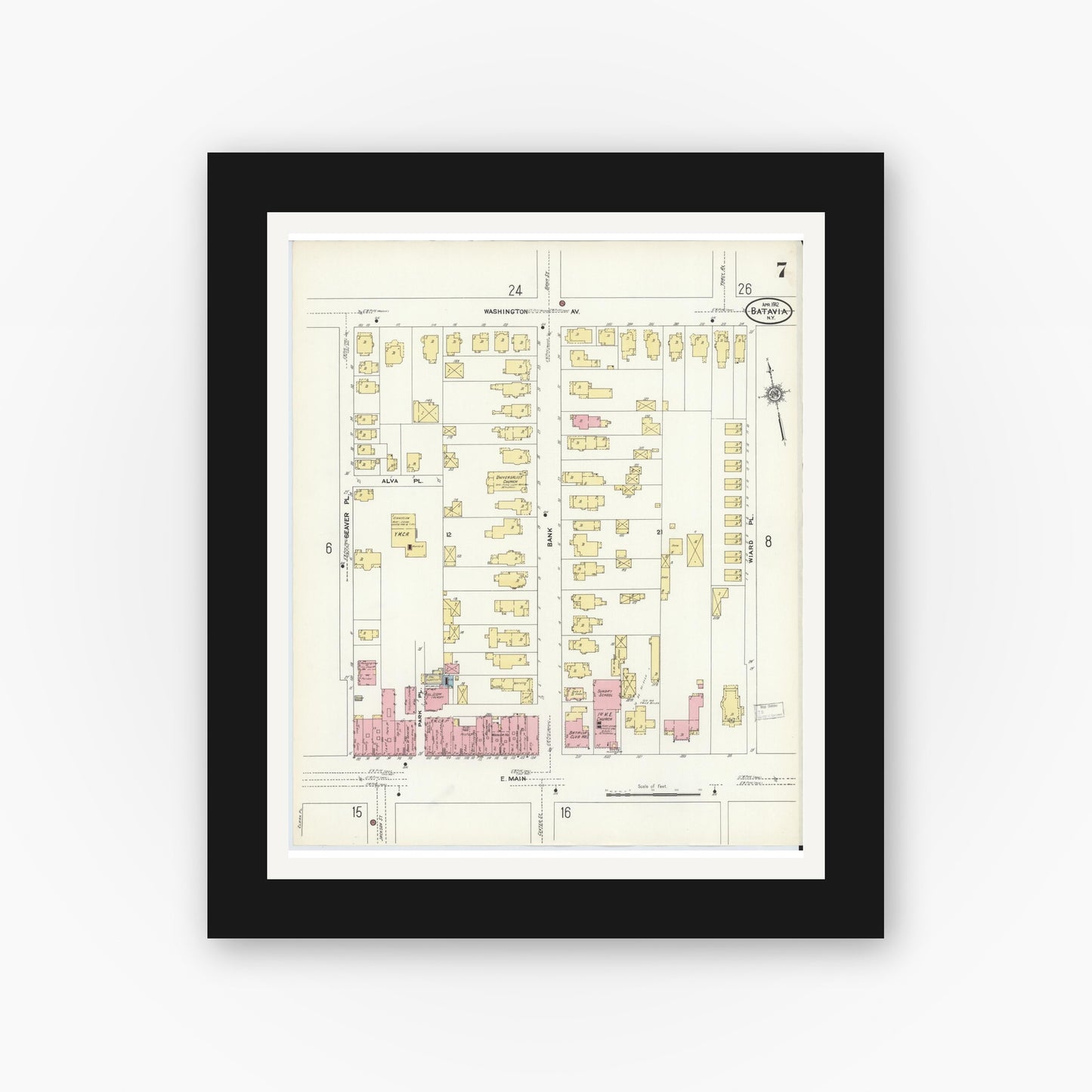 Old map wall art mockup — black gallery frame with white mat — Sanborn Fire Insurance Map from Batavia, Genesee County, New York (1912), Sheet #0007
