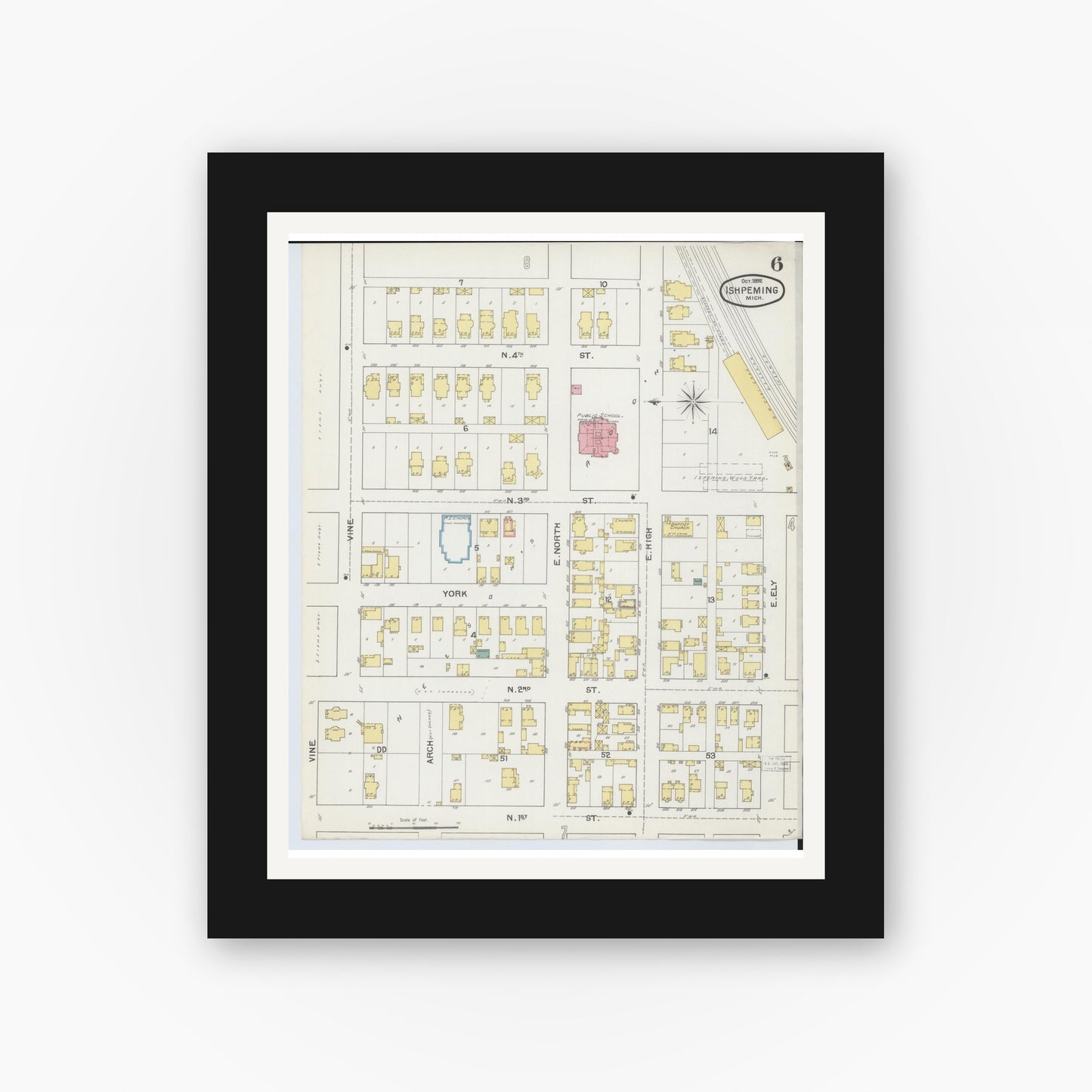 Old map wall art mockup — black gallery frame with white mat — Sanborn Fire Insurance Map from Ishpeming, Marquette County, Michigan (1892), Sheet #0006