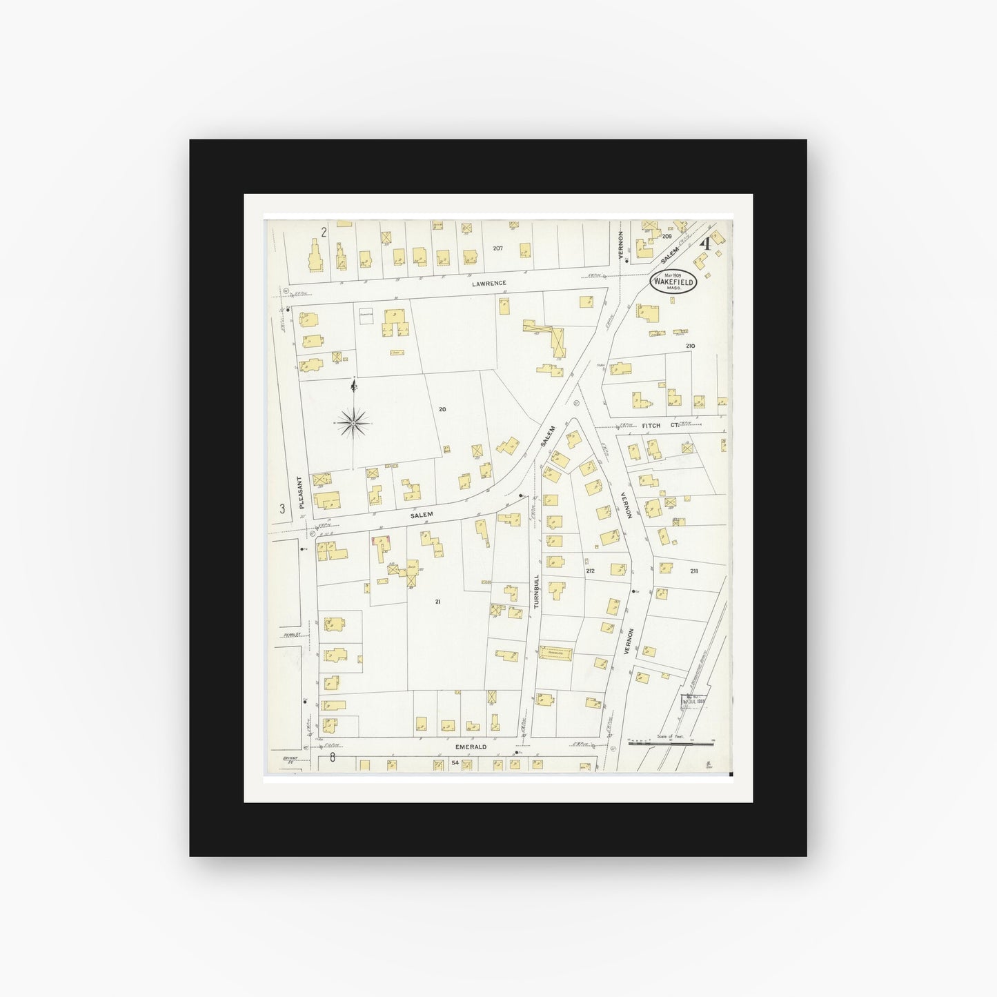 Old map wall art mockup — black gallery frame with white mat — Sanborn Fire Insurance Map from Wakefield, Middlesex County, Massachusetts (1909), Sheet #0004