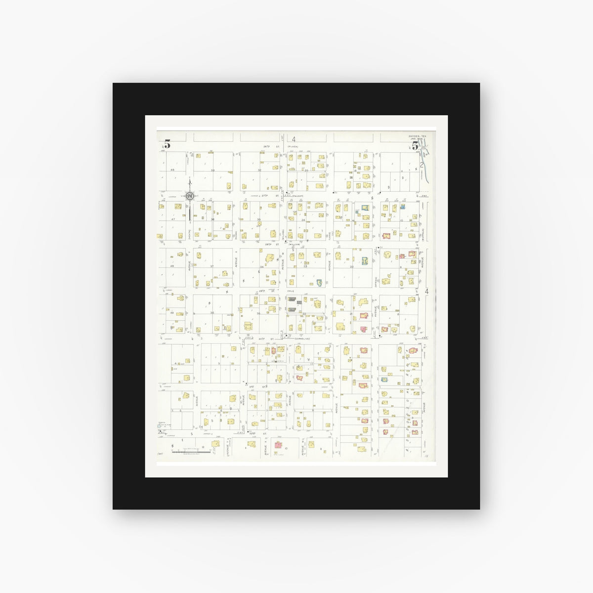 Old map wall art mockup — black gallery frame with white mat — Sanborn Fire Insurance Map from Snyder, Scurry County, Texas (1936), Sheet #0005