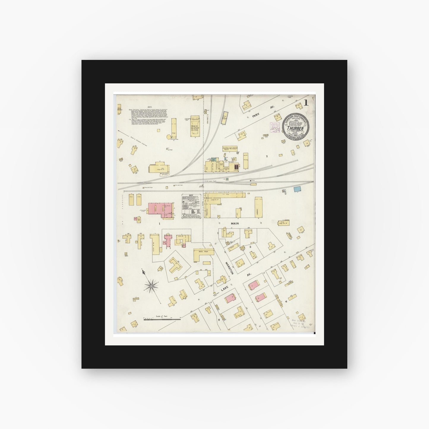 Old map wall art mockup — black gallery frame with white mat — Sanborn Fire Insurance Map from Thurber, Erath County, Texas (1905), Sheet #0001