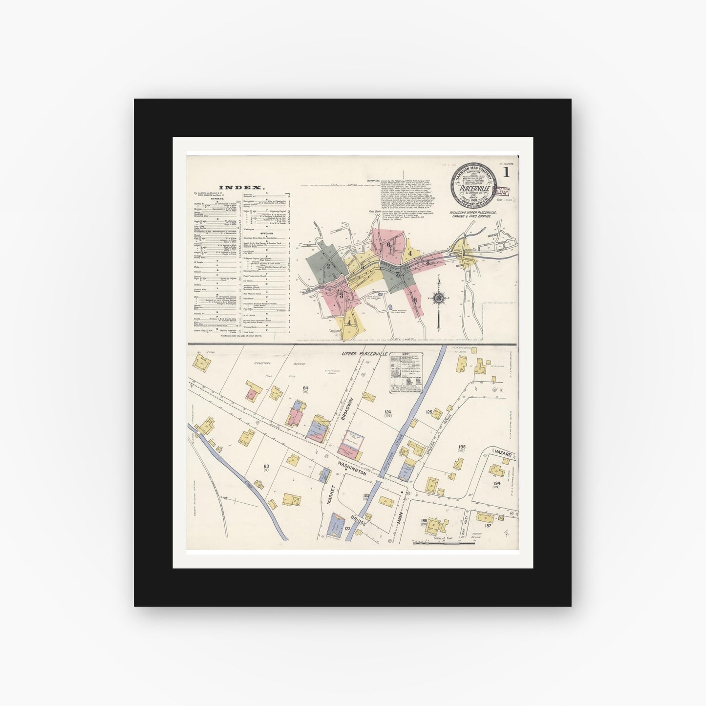 Old map wall art mockup — black gallery frame with white mat — Sanborn Fire Insurance Map from Placerville, El Dorado County, California (1910) - Complete Map Set