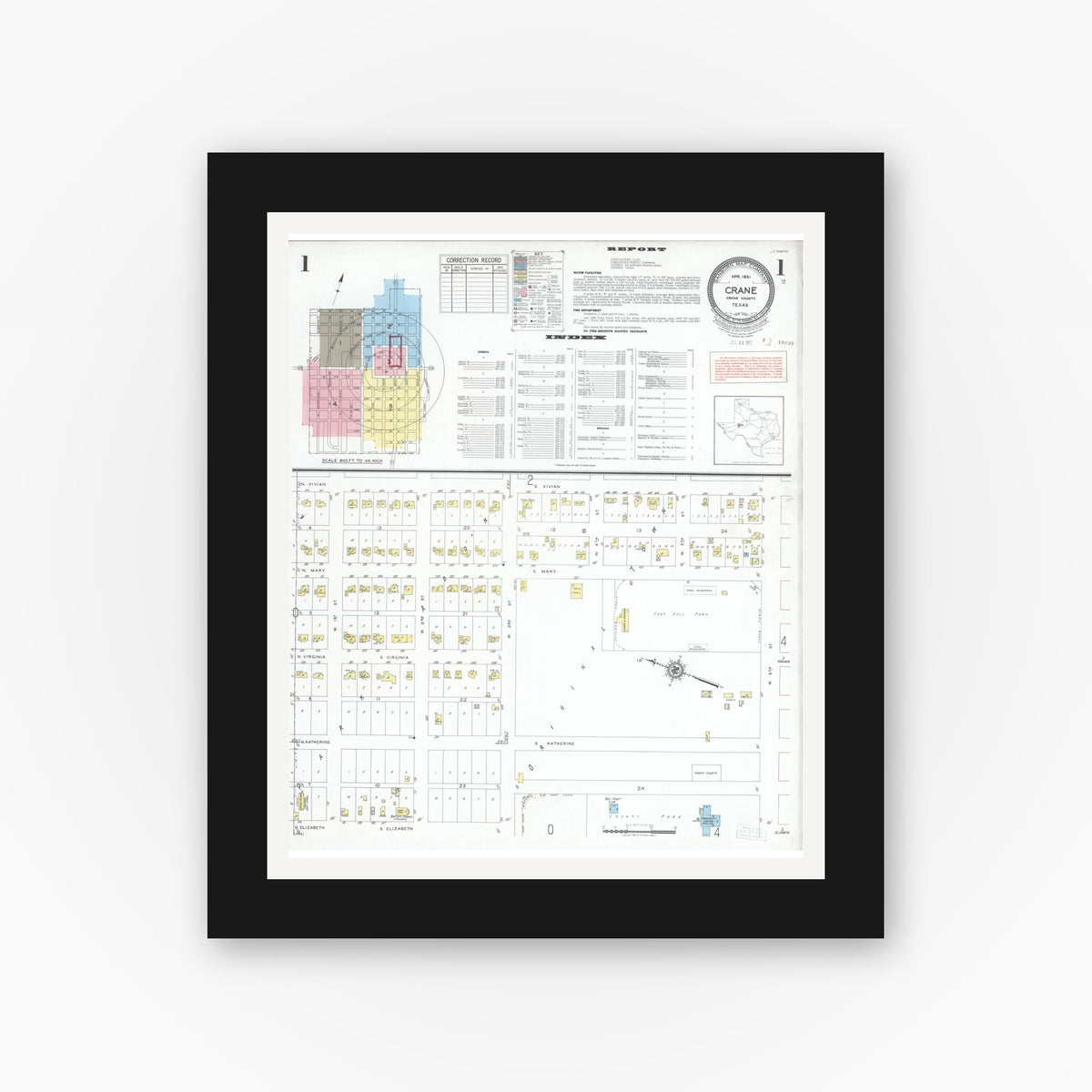 Old map wall art mockup — black gallery frame with white mat — Sanborn Fire Insurance Map from Crane, Crane County, Texas (1951), Sheet #0001