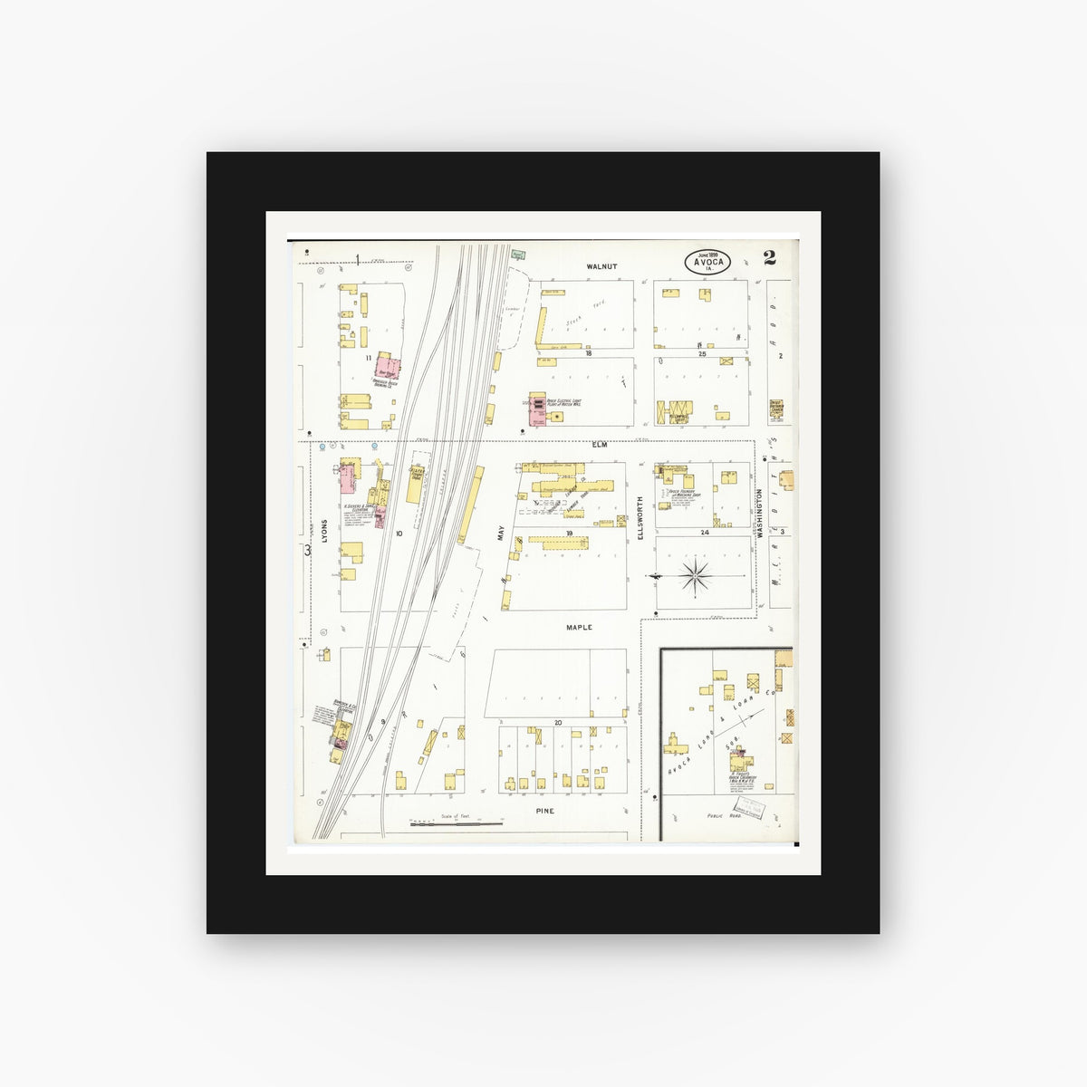 Old map wall art mockup — black gallery frame with white mat — Sanborn Fire Insurance Map from Avoca, Pottawattamie County, Iowa (1899), Sheet #0002