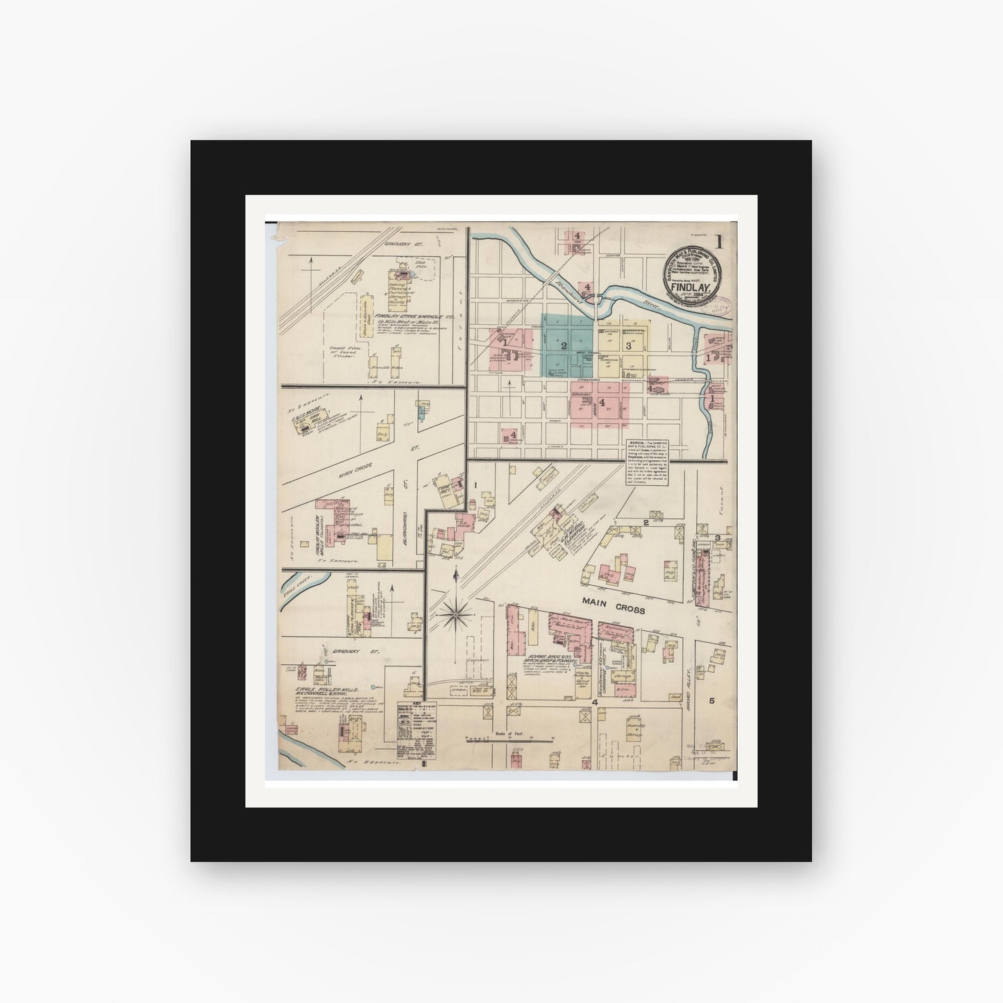 Old map wall art mockup — black gallery frame with white mat — Sanborn Fire Insurance Map from Findlay, Hancock County, Ohio (1884), Sheet #0001