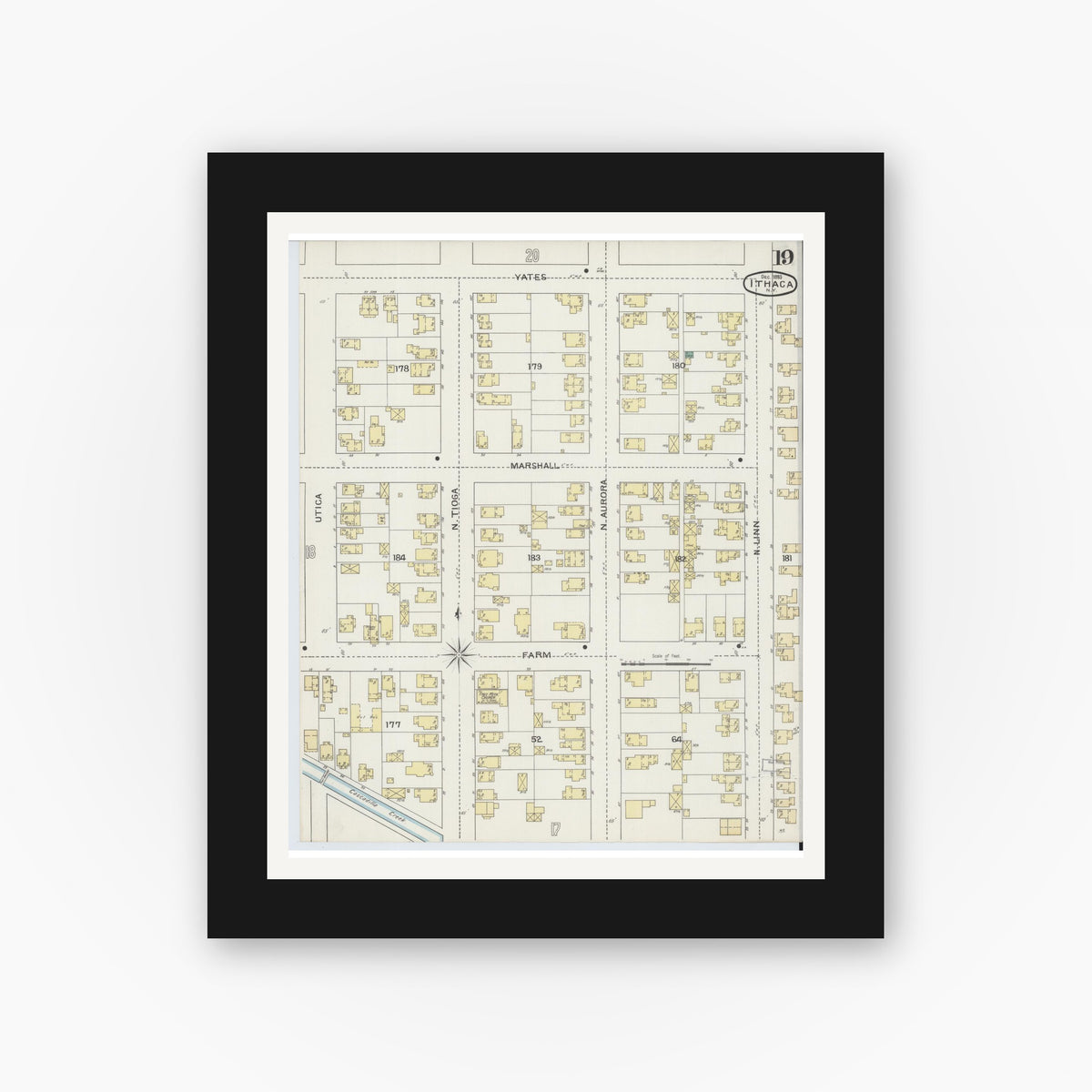 Old map wall art mockup — black gallery frame with white mat — Sanborn Fire Insurance Map from Ithaca, Tompkins County, New York (1893), Sheet #0019