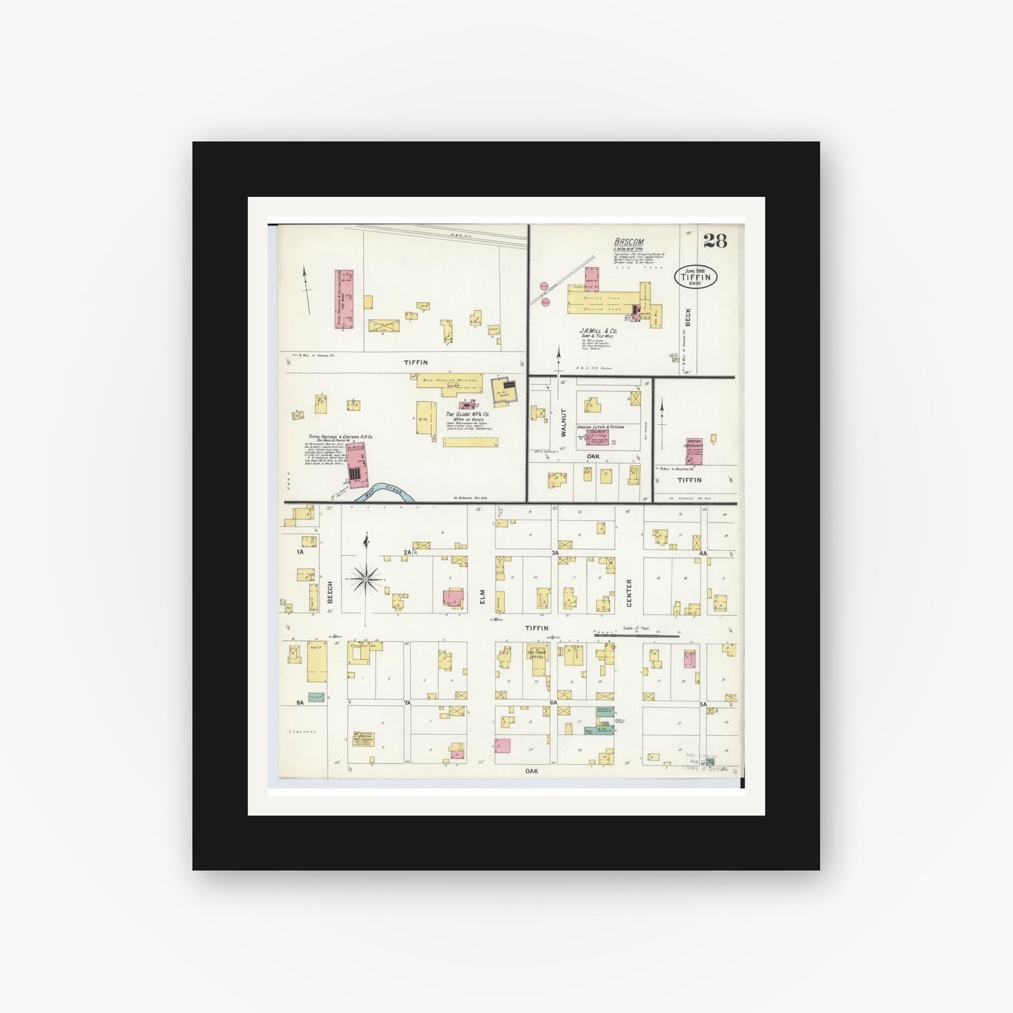 Old map wall art mockup — black gallery frame with white mat — Sanborn Fire Insurance Map from Tiffin, Seneca County, Ohio (1908), Sheet #0028