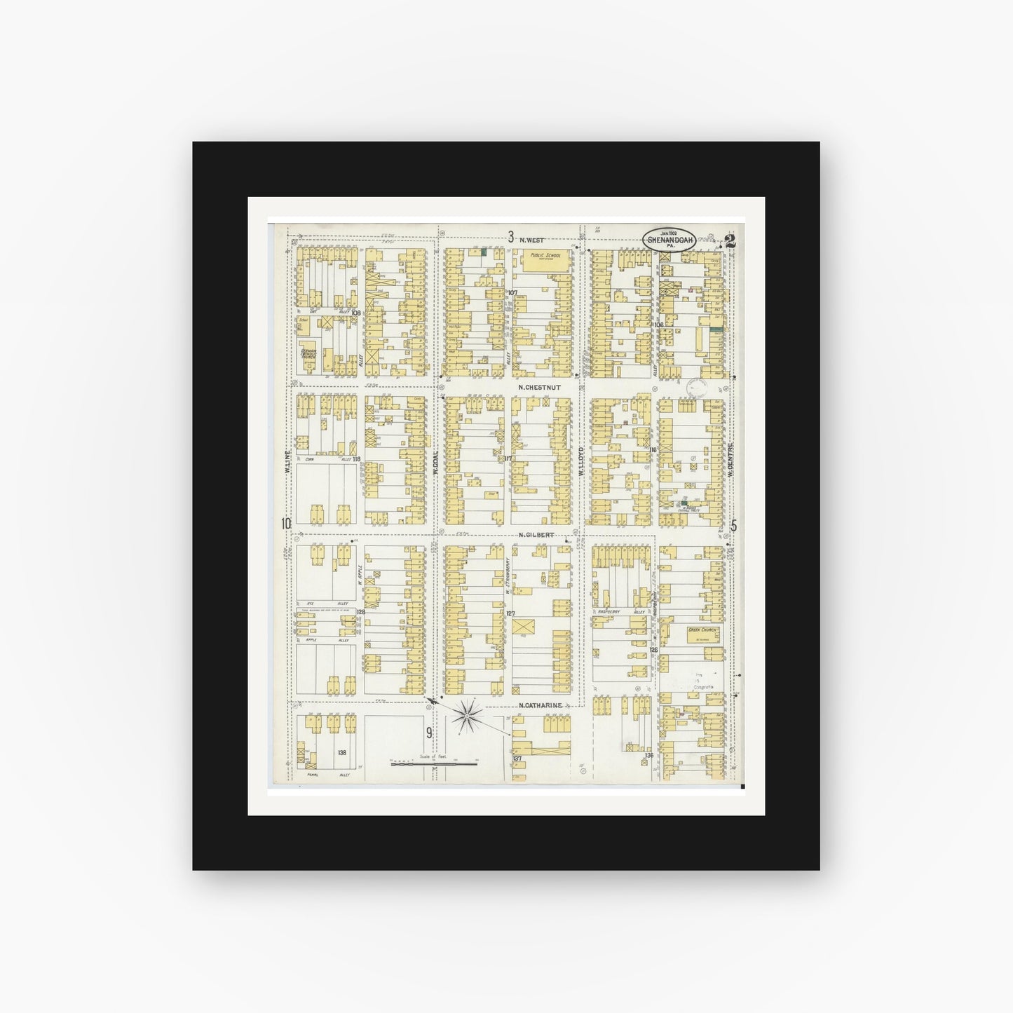 Old map wall art mockup — black gallery frame with white mat — Sanborn Fire Insurance Map from Shenandoah, Schuylkill County, Pennsylvania (1902), Sheet #0002