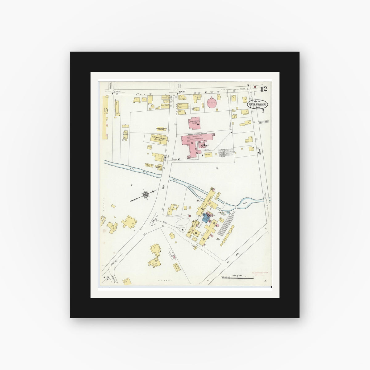 Old map wall art mockup — black gallery frame with white mat — Sanborn Fire Insurance Map from North Attleborough, Bristol County, Massachusetts (1911), Sheet #0012