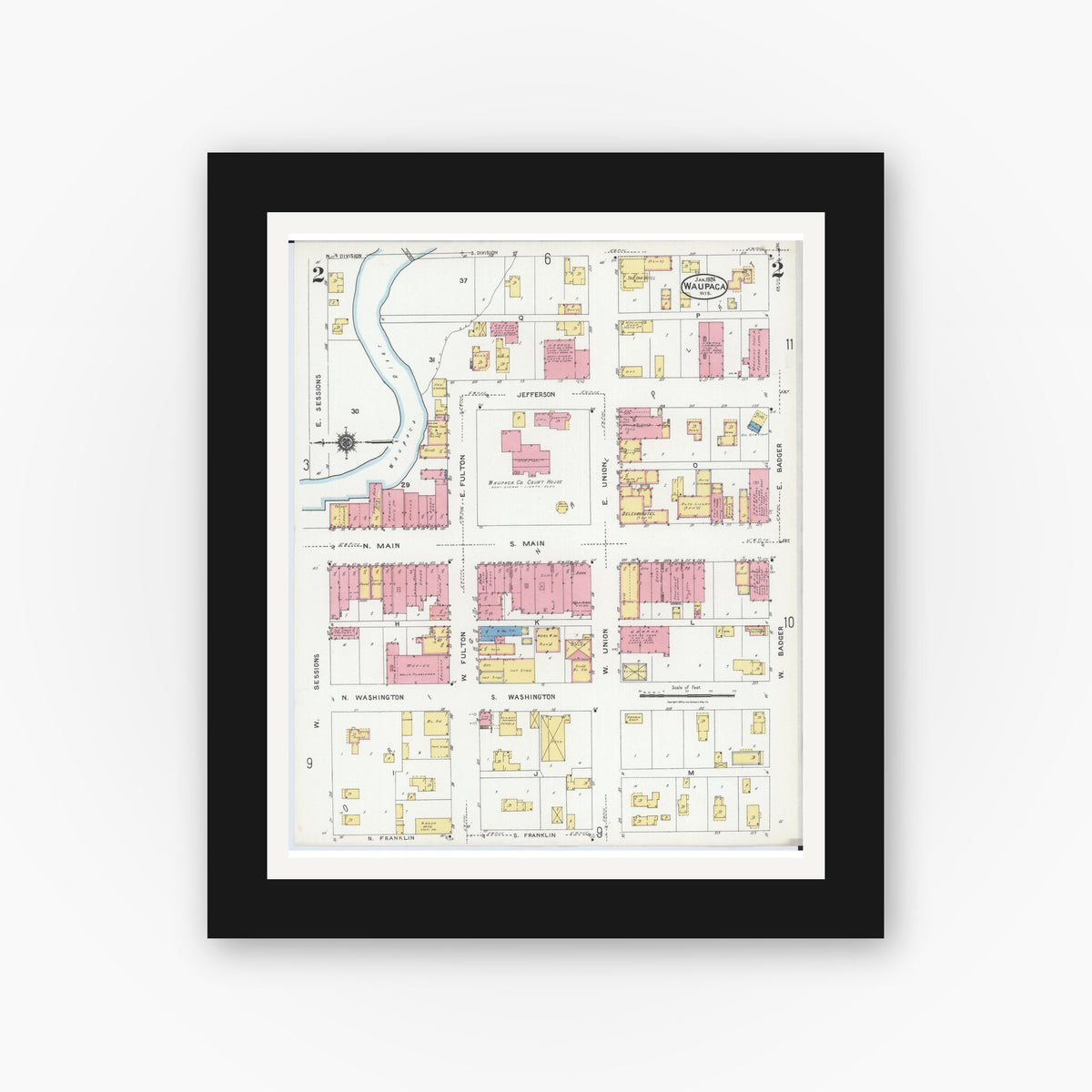 Old map wall art mockup — black gallery frame with white mat — Sanborn Fire Insurance Map from Waupaca, Waupaca County, Wisconsin (1924), Sheet #0002