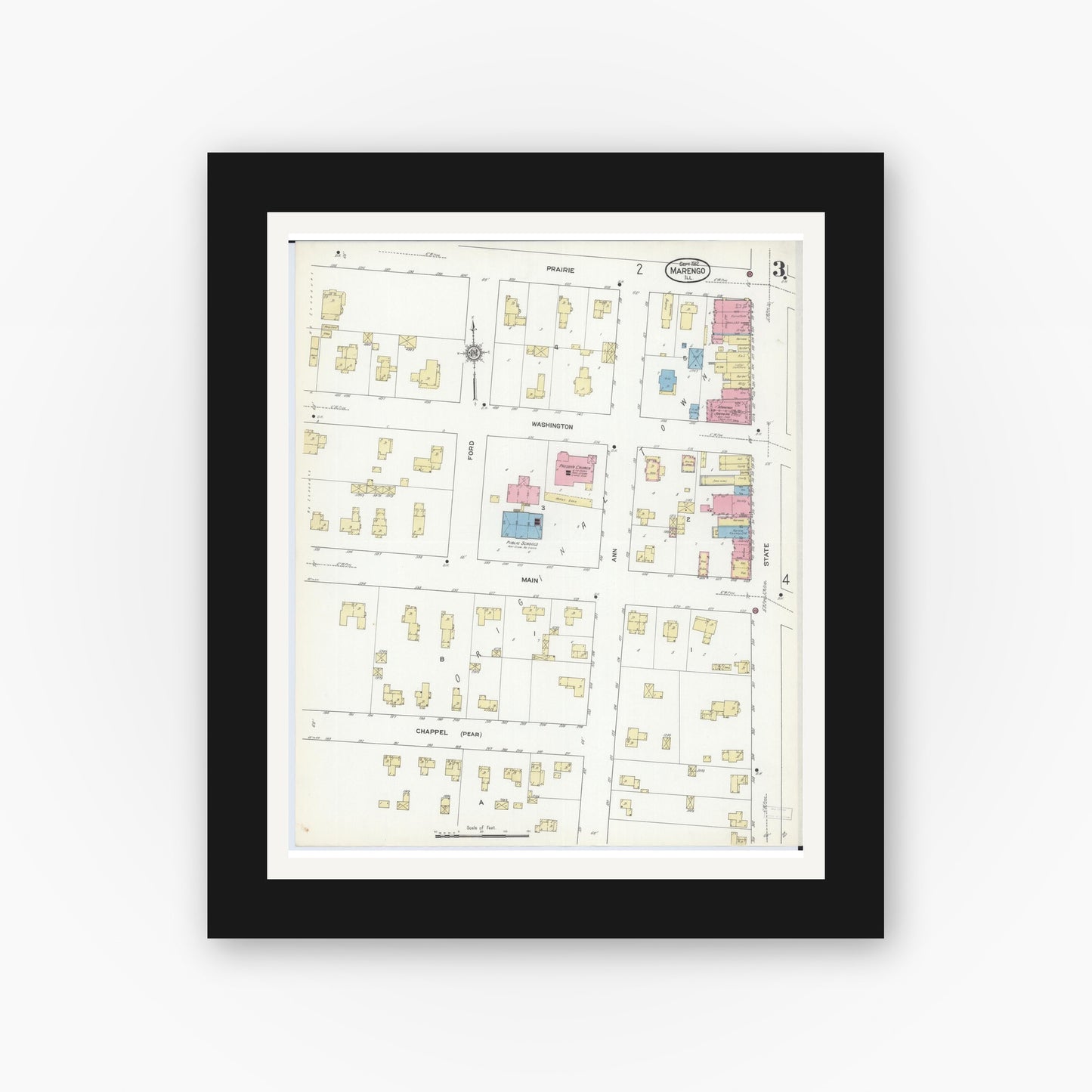 Old map wall art mockup — black gallery frame with white mat — Sanborn Fire Insurance Map from Marengo, McHenry County, Illinois (1912), Sheet #0003