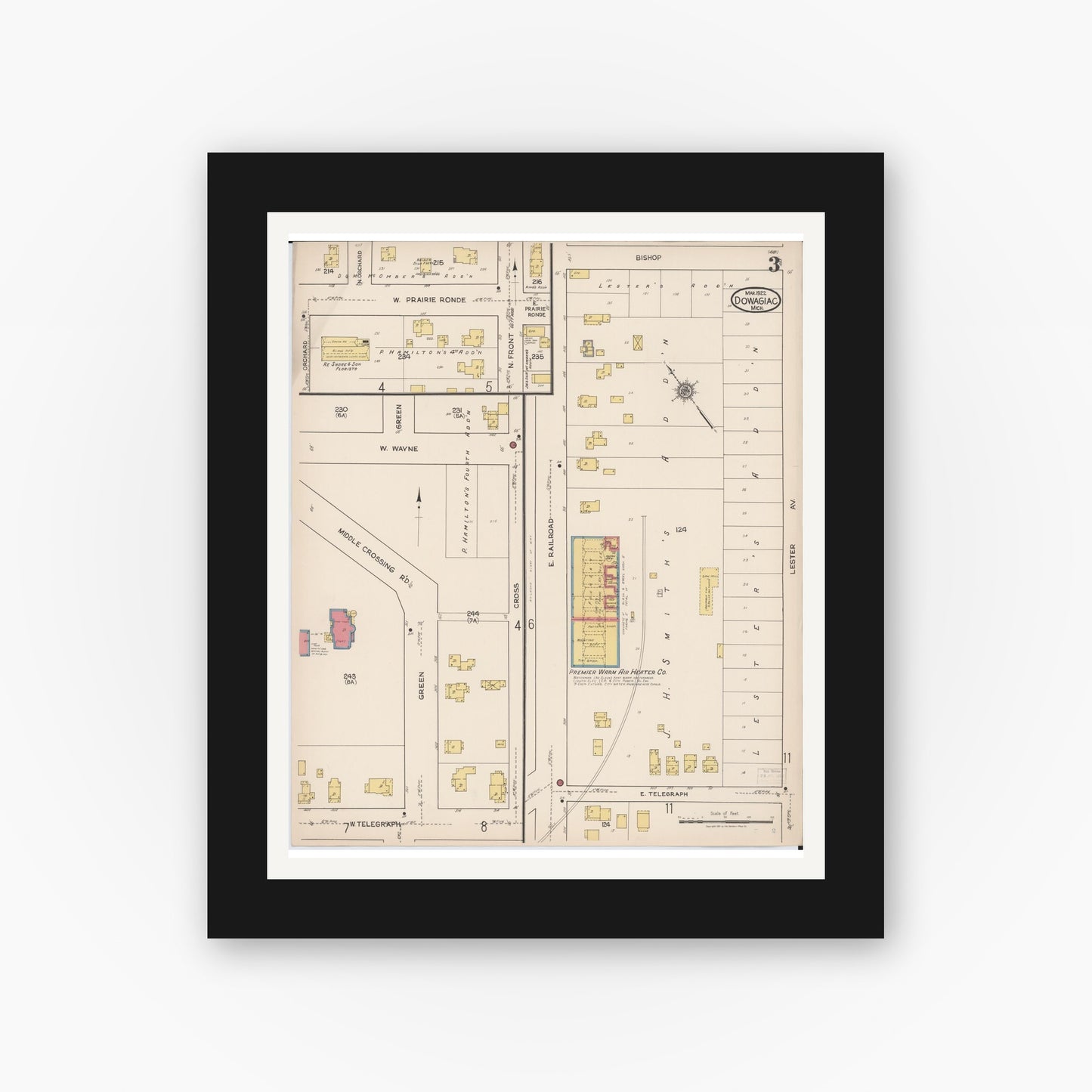Old map wall art mockup — black gallery frame with white mat — Sanborn Fire Insurance Map from Dowagiac, Cass County, Michigan (1922), Sheet #0003