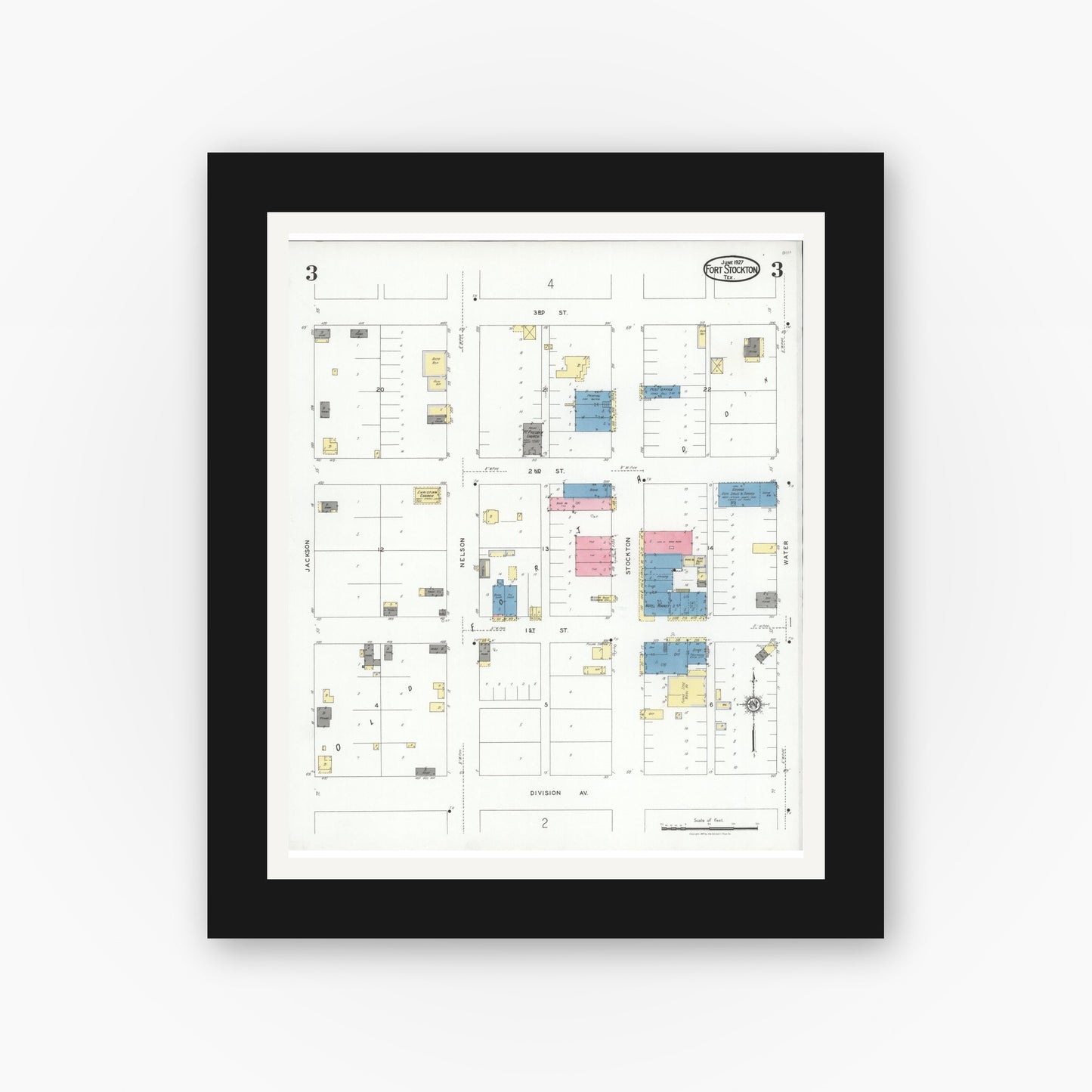 Old map wall art mockup — black gallery frame with white mat — Sanborn Fire Insurance Map from Fort Stockton, Pecos County, Texas (1927), Sheet #0003