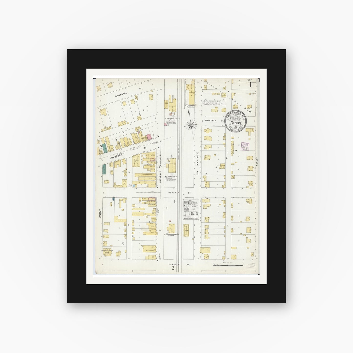 Old map wall art mockup — black gallery frame with white mat — Sanborn Fire Insurance Map from Chebanse, Iroquois And Kankakee County, Illinois (1907), Sheet #0001