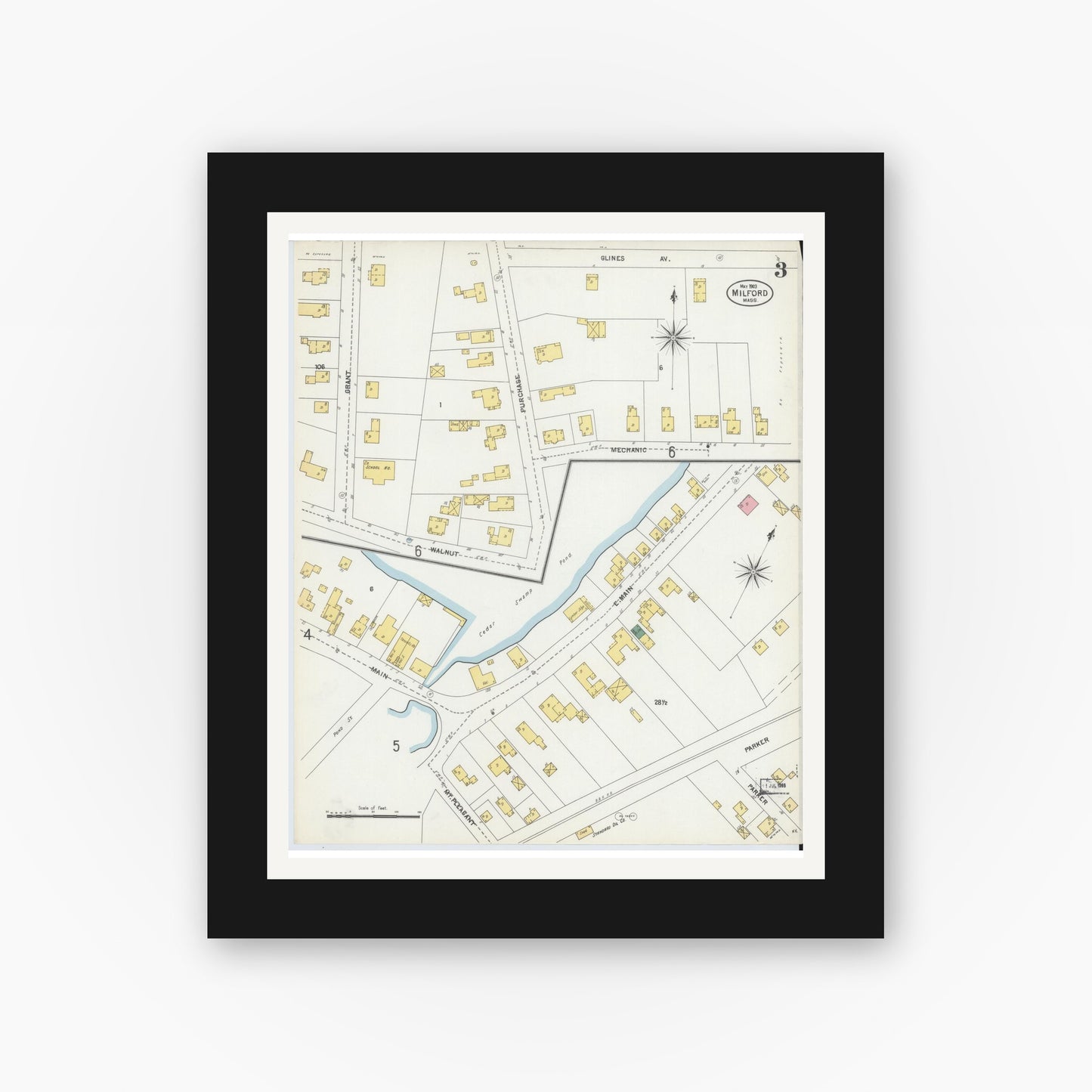 Old map wall art mockup — black gallery frame with white mat — Sanborn Fire Insurance Map from Milford, Worcester County, Massachusetts (1903), Sheet #0003