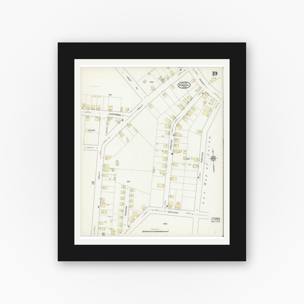 Old map wall art mockup β black gallery frame with white mat β Sanborn Fire Insurance Map from Peabody, Essex County, Massachusetts (1914), Sheet #0019