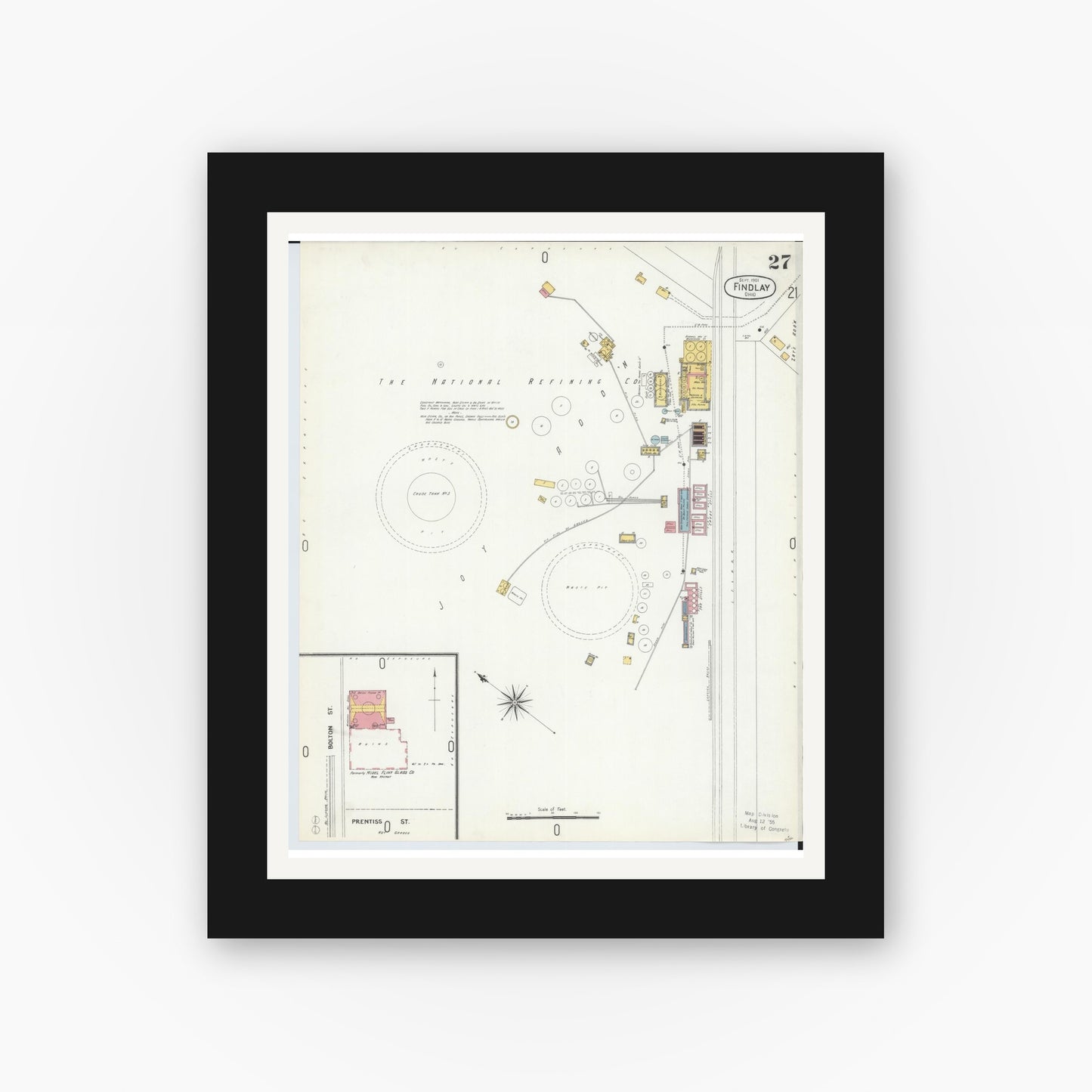 Old map wall art mockup — black gallery frame with white mat — Sanborn Fire Insurance Map from Findlay, Hancock County, Ohio (1901), Sheet #0027