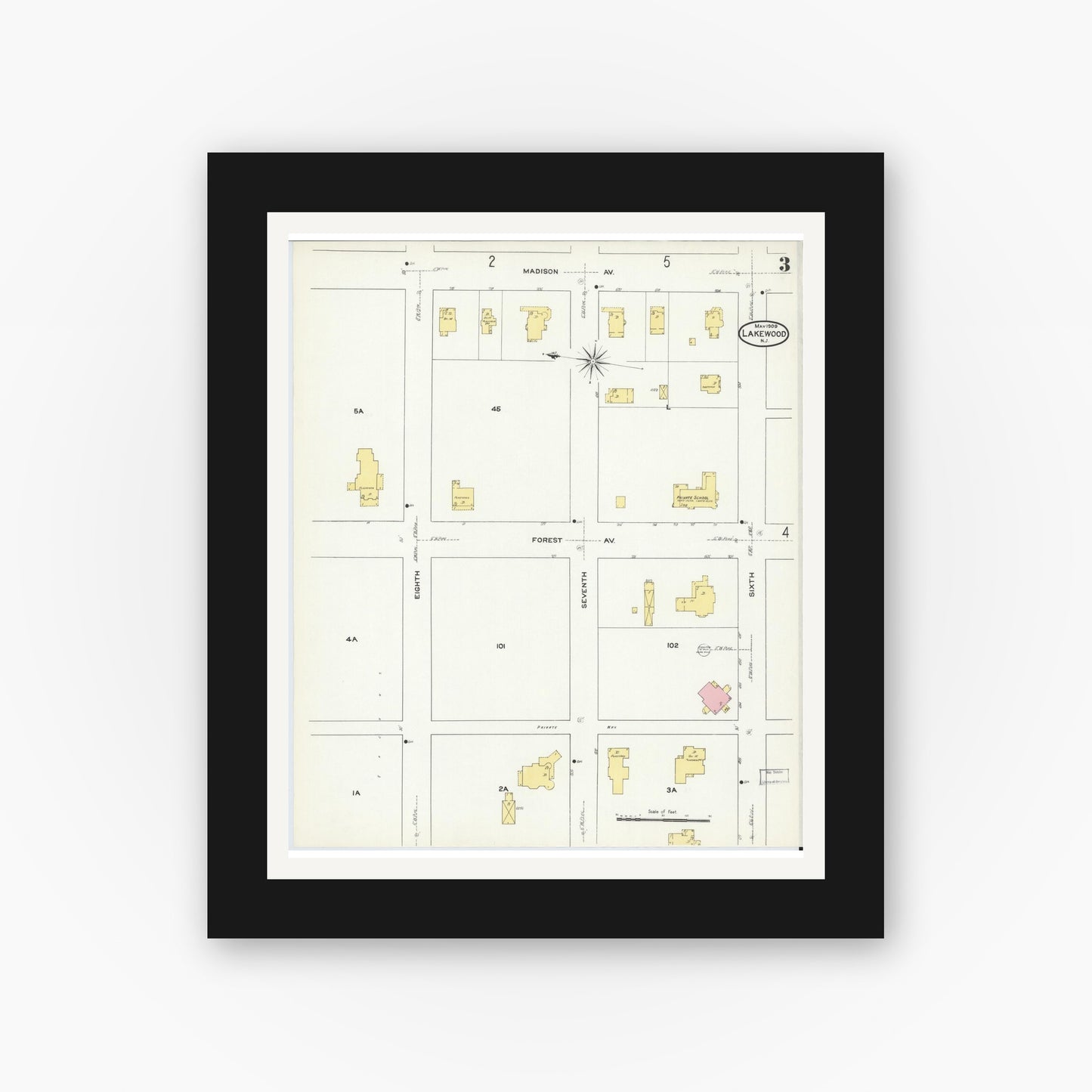 Old map wall art mockup — black gallery frame with white mat — Sanborn Fire Insurance Map from Lakewood, Ocean County, New Jersey (1909), Sheet #0003