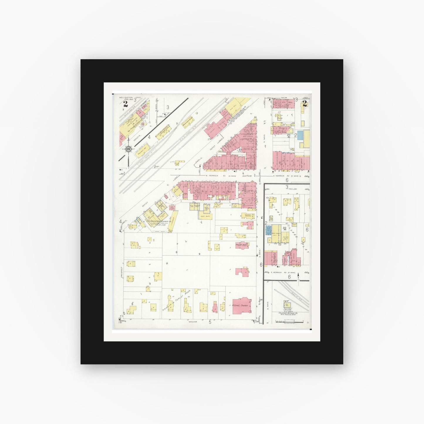 Old map wall art mockup — black gallery frame with white mat — Sanborn Fire Insurance Map from Wellington, Lorain County, Ohio (1933), Sheet #0002